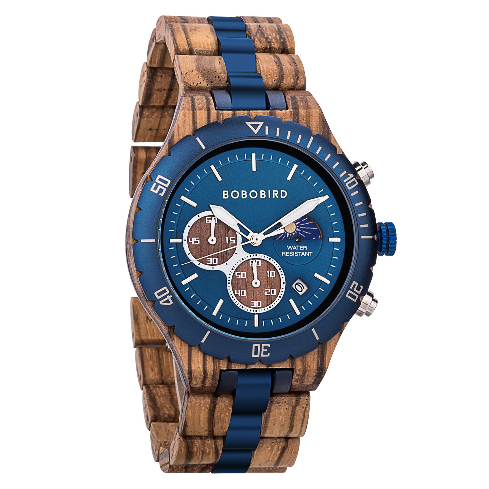 Classic Multifunctional Chronograph Moonphase Wooden Watch Zebrawood Blue Hunter 5