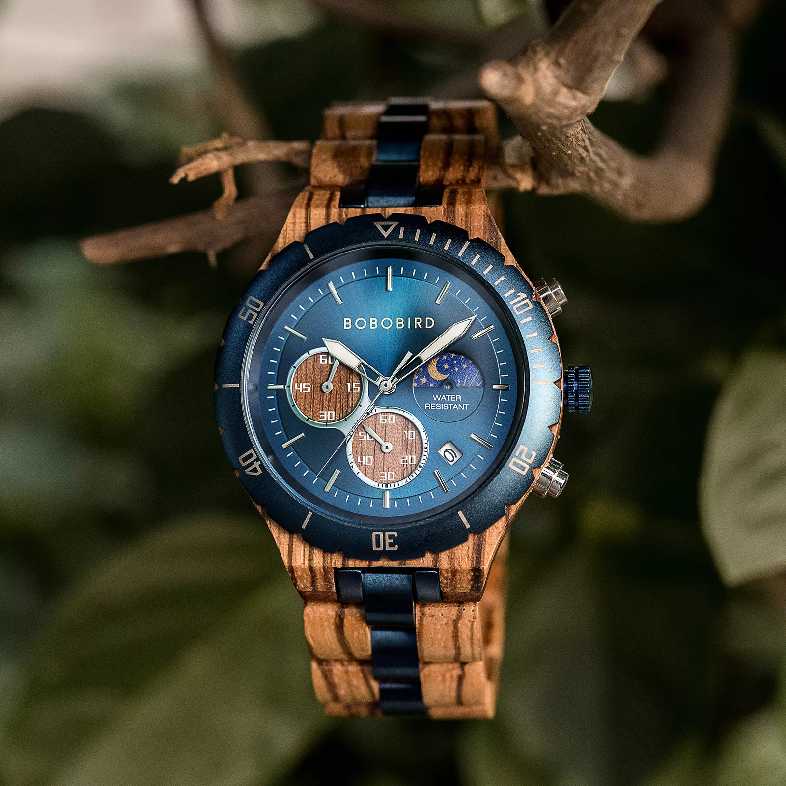 Mens Wooden Watches Classic Multifunctional Chronograph Moonphase Wooden Watch Zebrawood Blue - Hunter