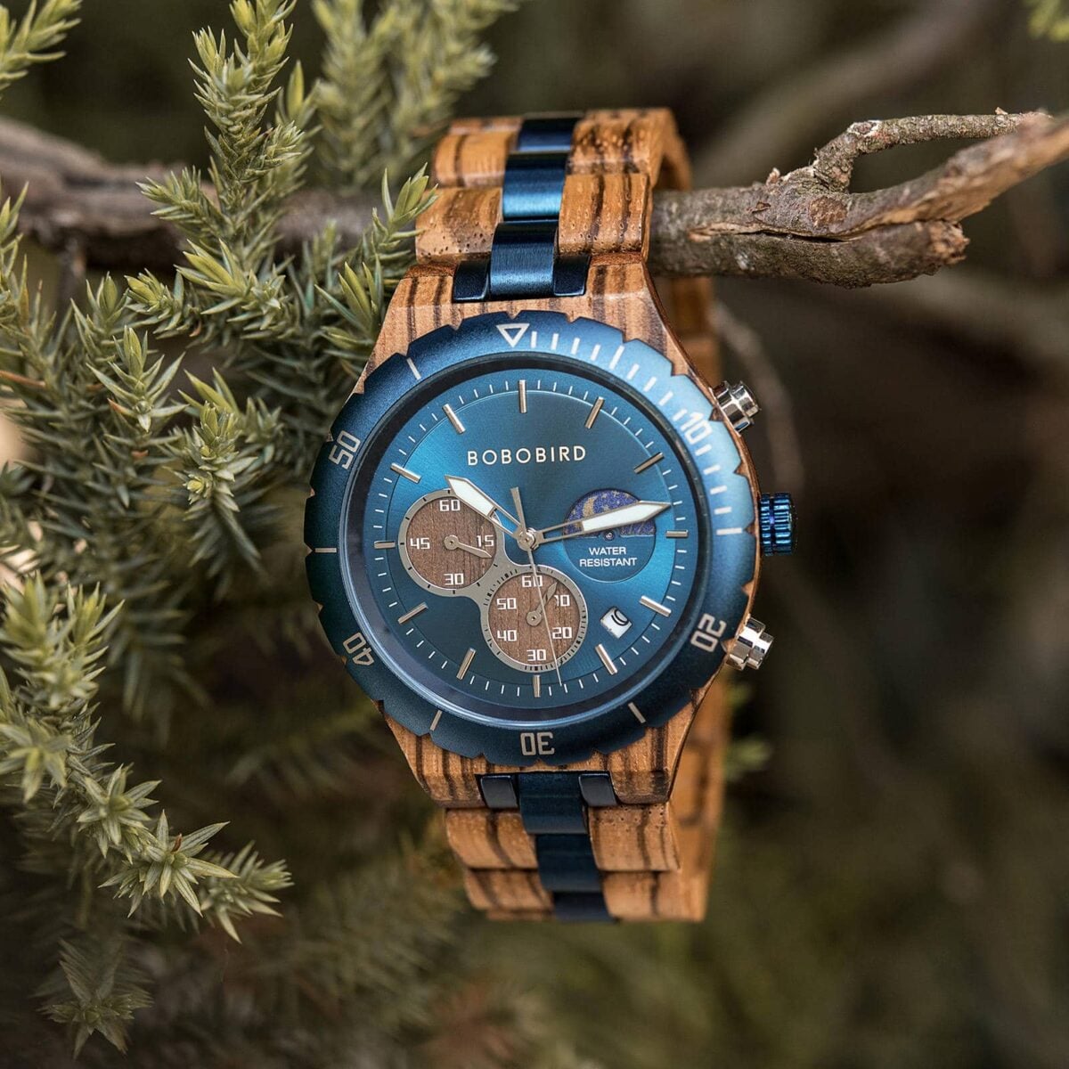 Classic Multifunctional Chronograph Moonphase Wooden Watch Zebrawood Blue - Hunter_7 Classic Multifunctional Chronograph Moonphase Wooden Watch Zebrawood Blue - Hunter_7