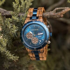 Classic Multifunctional Chronograph Moonphase Wooden Watch Zebrawood Blue - Hunter_7