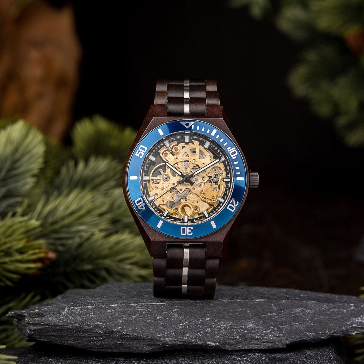 Skeleton Mechanical Wooden Watch Ebony Blue - Tureis_1 Skeleton Mechanical Wooden Watch Ebony Blue - Tureis_1
