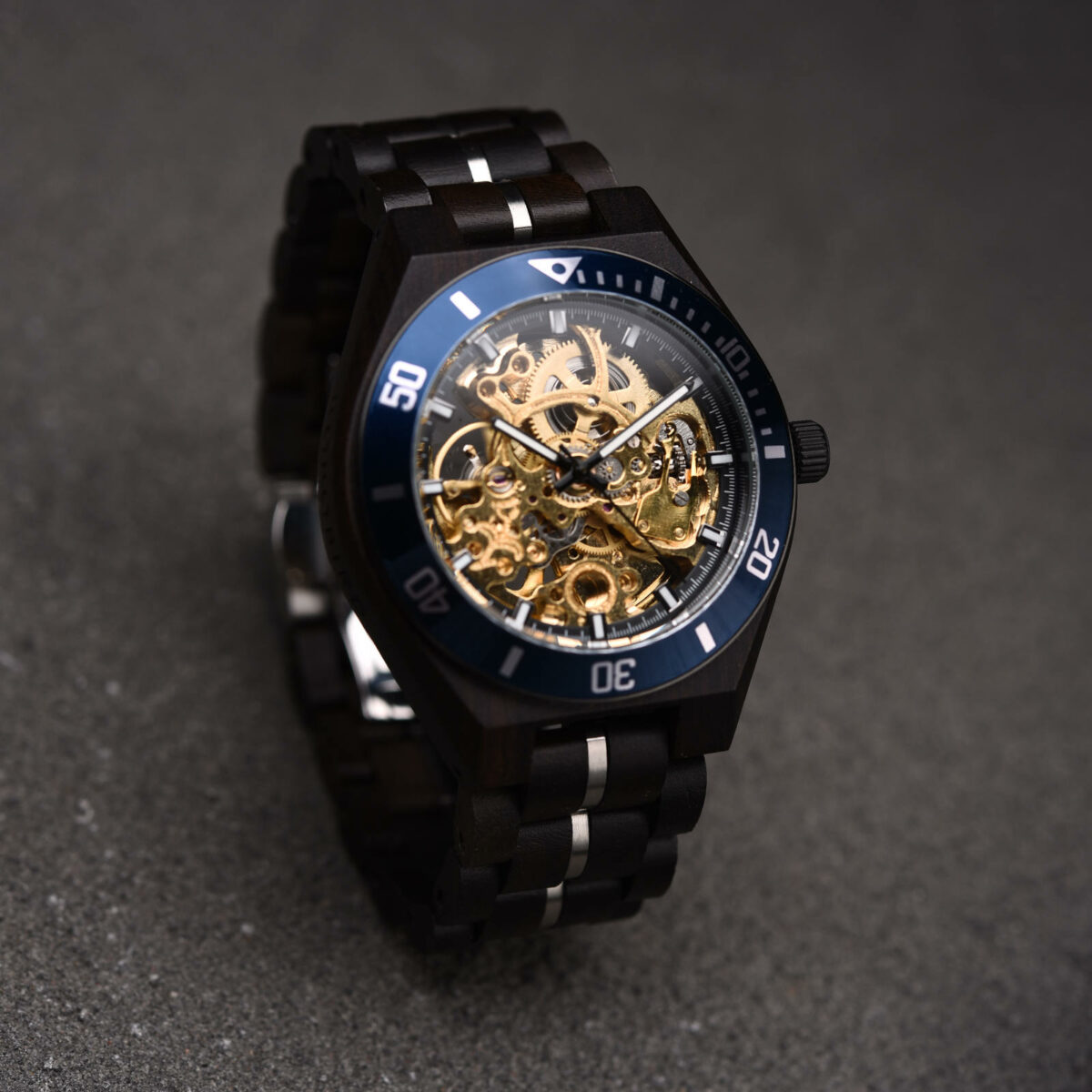 Skeleton Mechanical Wooden Watch Ebony Blue - Tureis