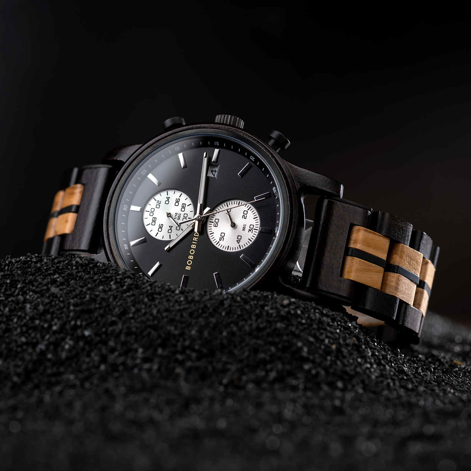 Classic Men's Wooden Watches Ebony Oak Black Chronograph GT115-1