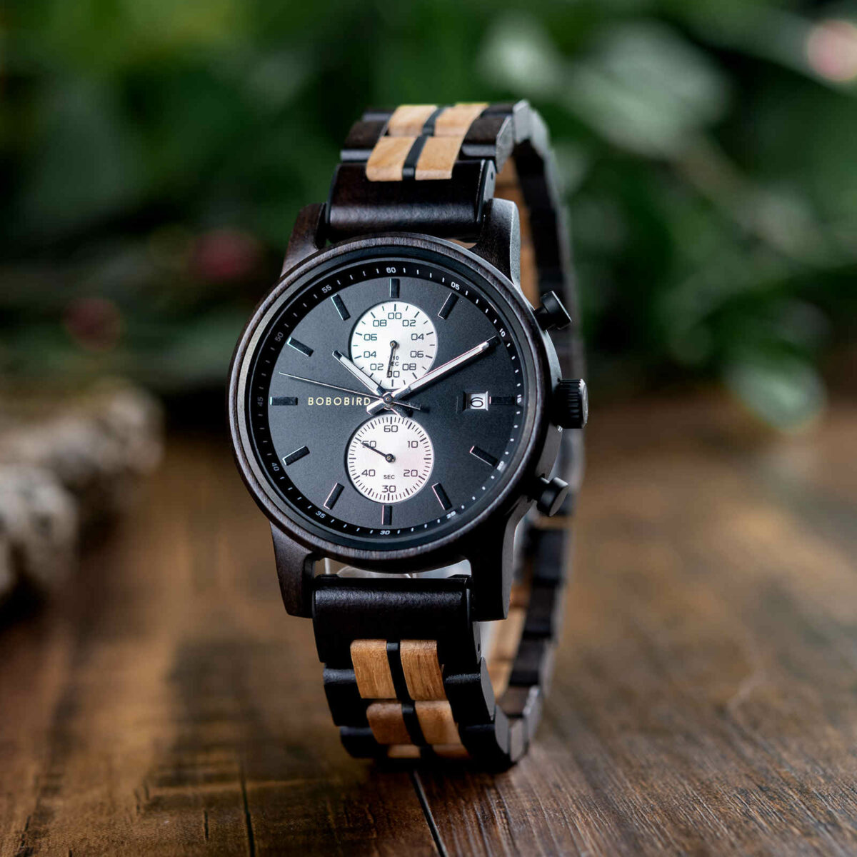 Classic Men's Wooden Watches Ebony Oak Black Chronograph GT115-1_8