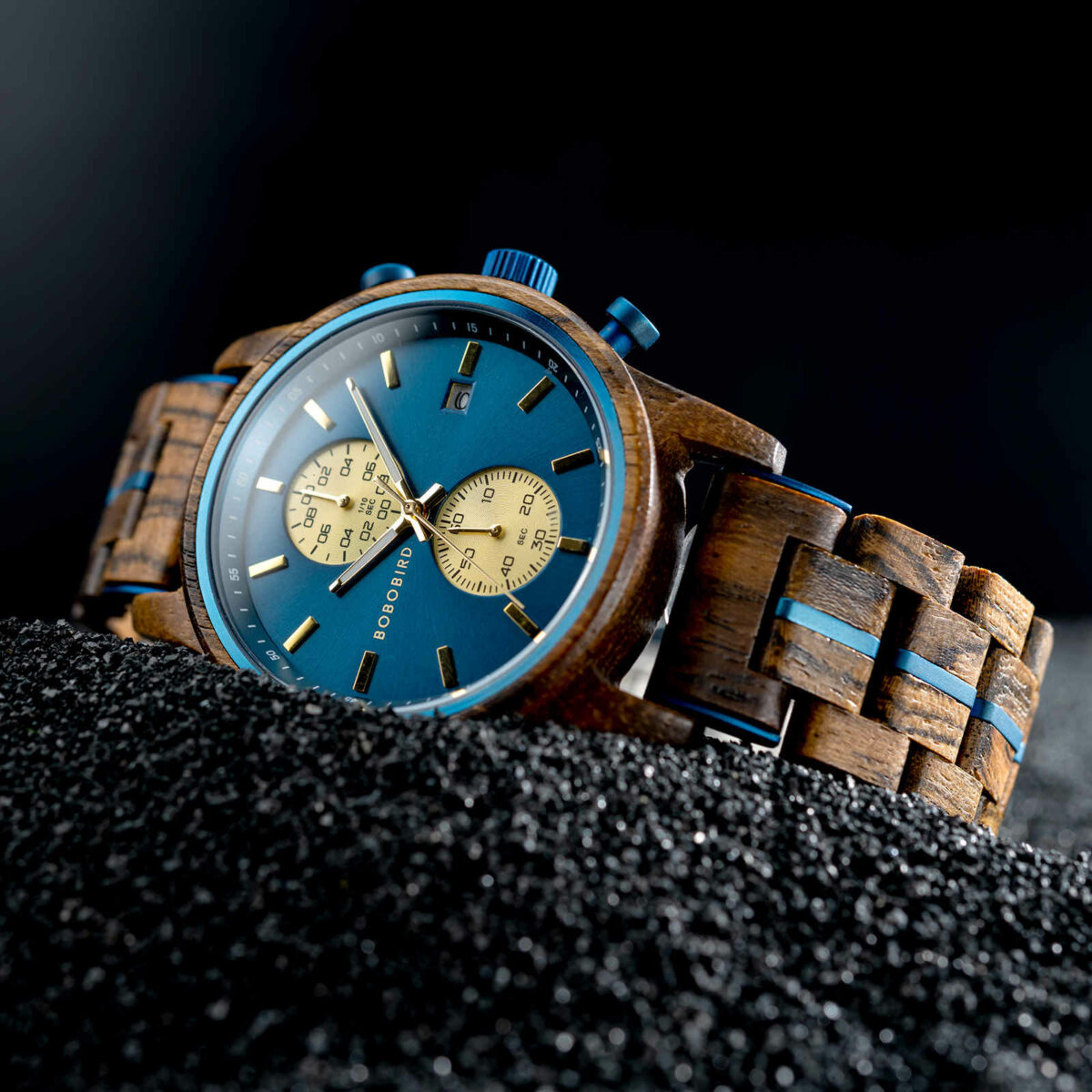 Men's Wooden Watches Classic Wenge Wood Blue Chronograph GT115-2