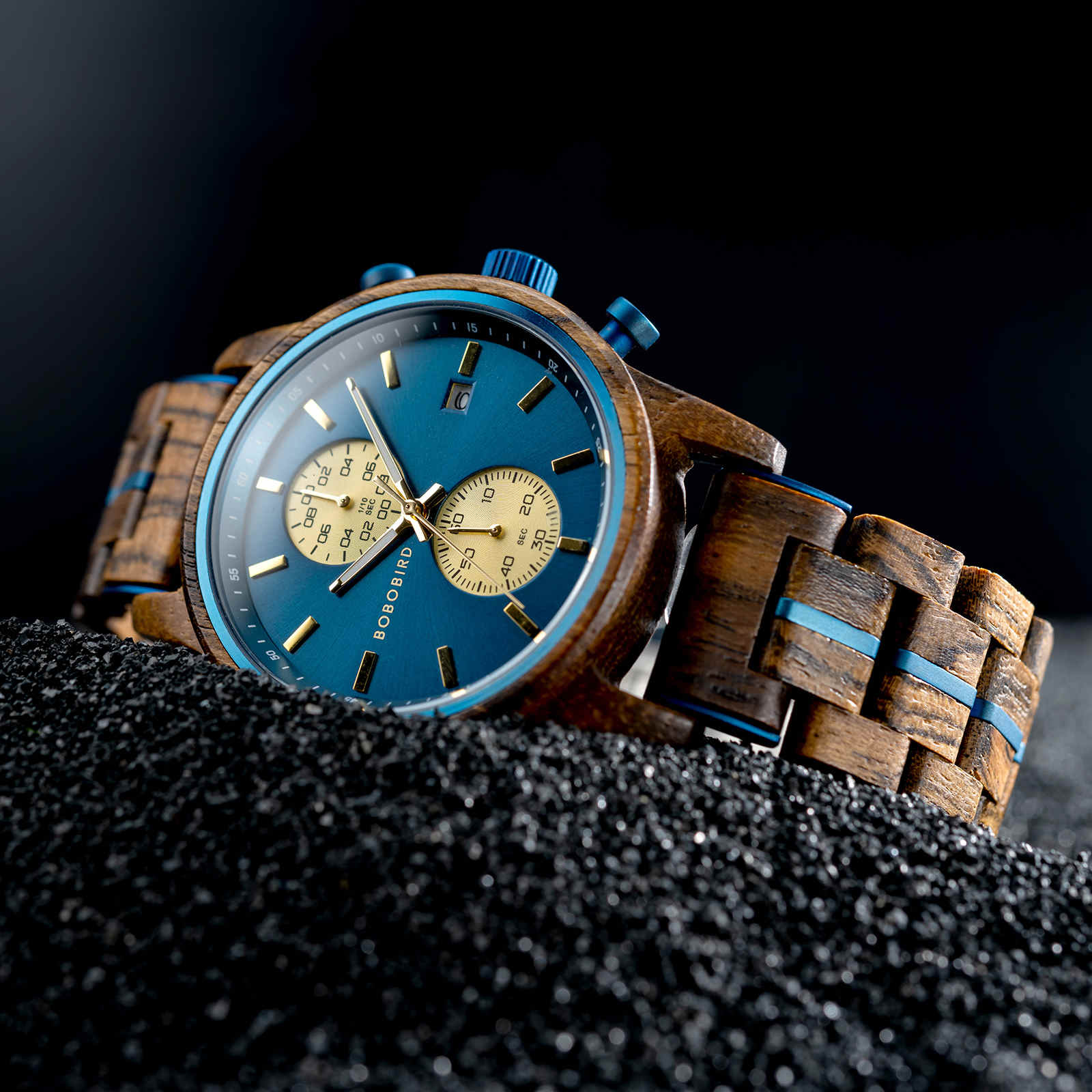 Relojes de madera para hombre Classic Wenge Wood Blue Chronograph GT115-2