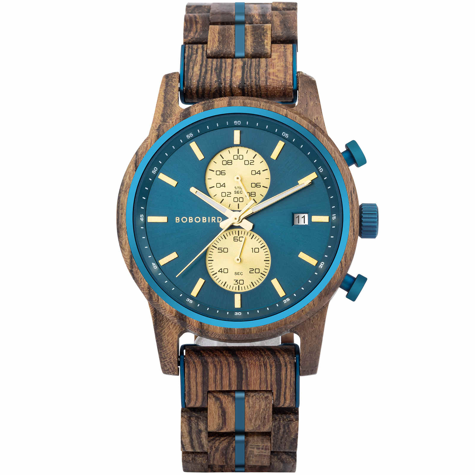 Mens Wooden Watches Classic Wenge Wood Blue Chronograph GT115 2 2