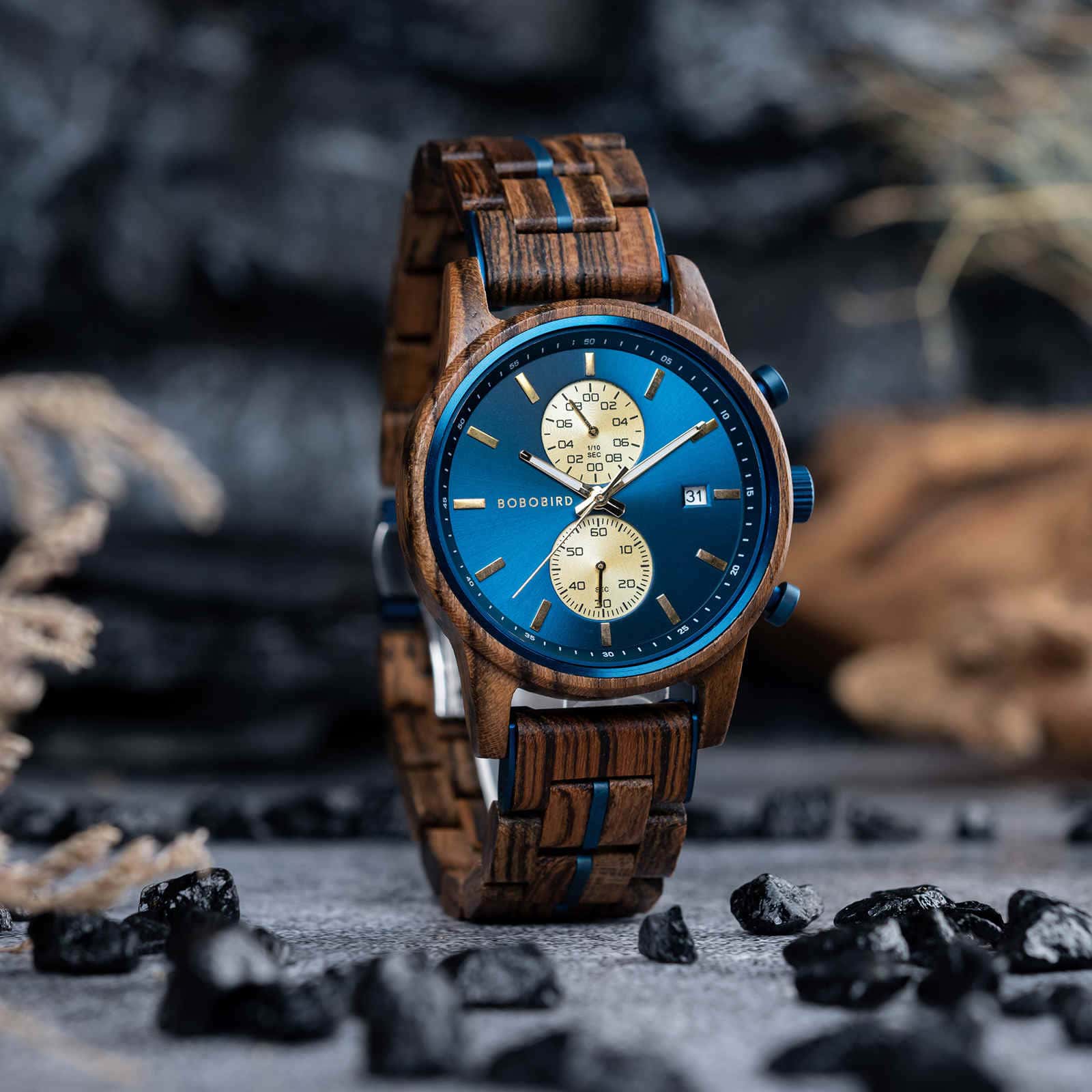 Mens Wooden Watches Classic Wenge Wood Blue Chronograph GT115 2 8