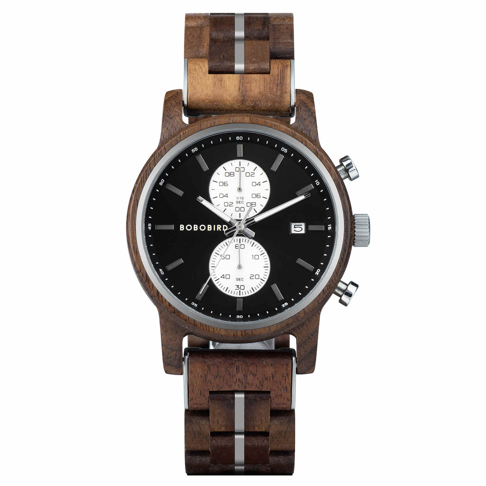 Mens Wooden Watches Classic walnut Wood Silver Chronograph GT115 3 1