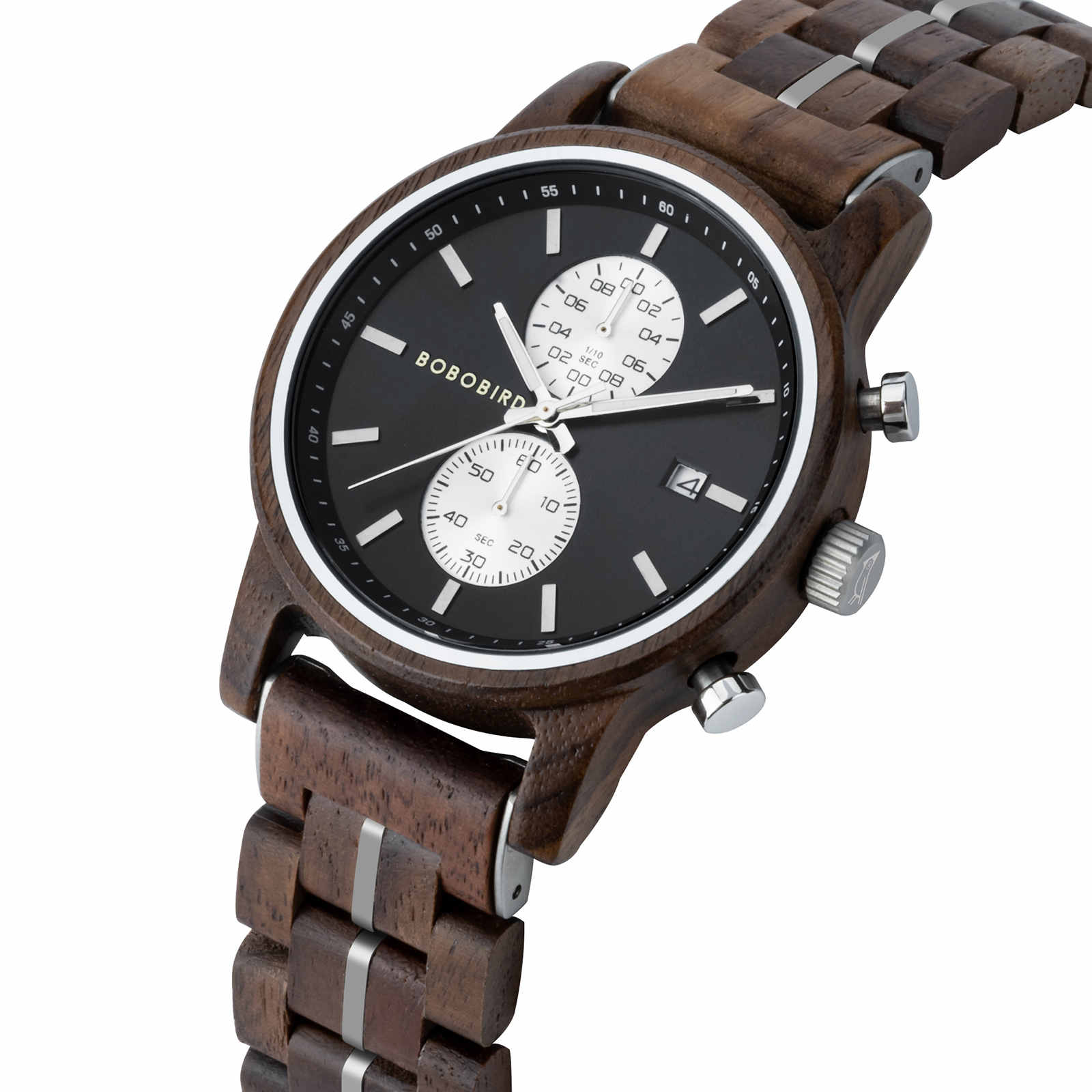 Men's Wooden Watches Classic walnut Wood Silver Chronograph GT1163
