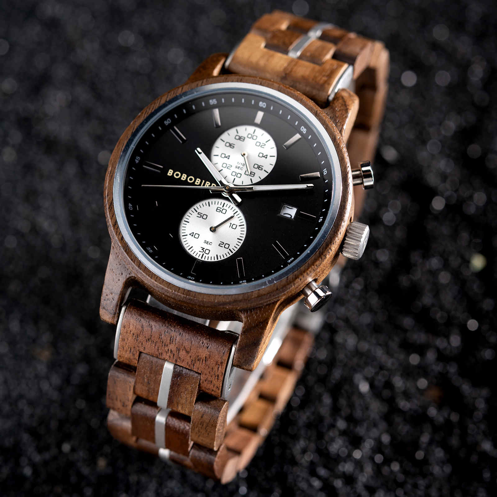Mens Wooden Watches Classic walnut Wood Silver Chronograph GT115 3 5