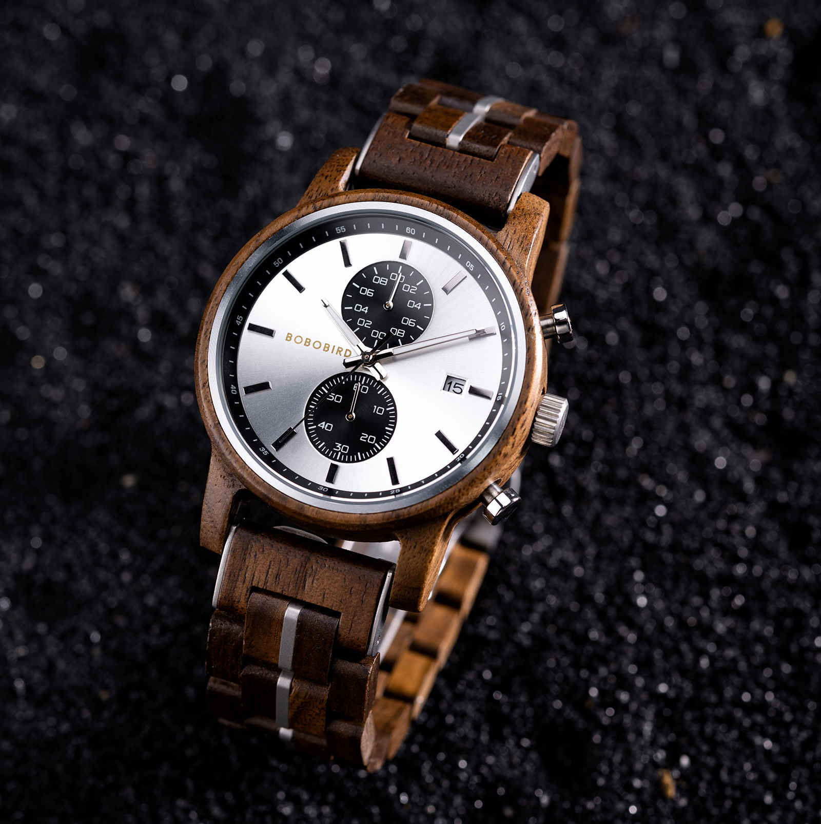 Mens Wooden Watches Classic walnut Wood Silver Chronograph GT115 4 6
