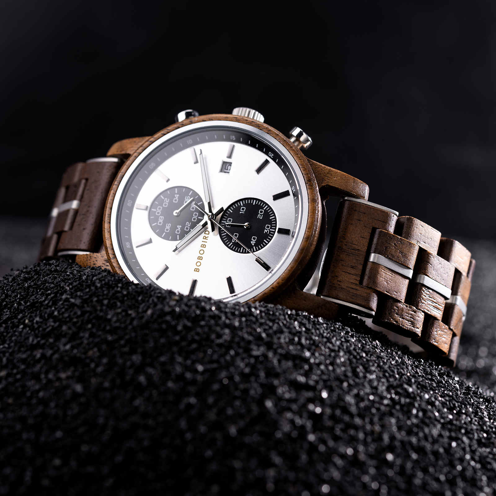 Relojes de madera para hombre Classic walnut Wood Silver Chronograph GT115-4