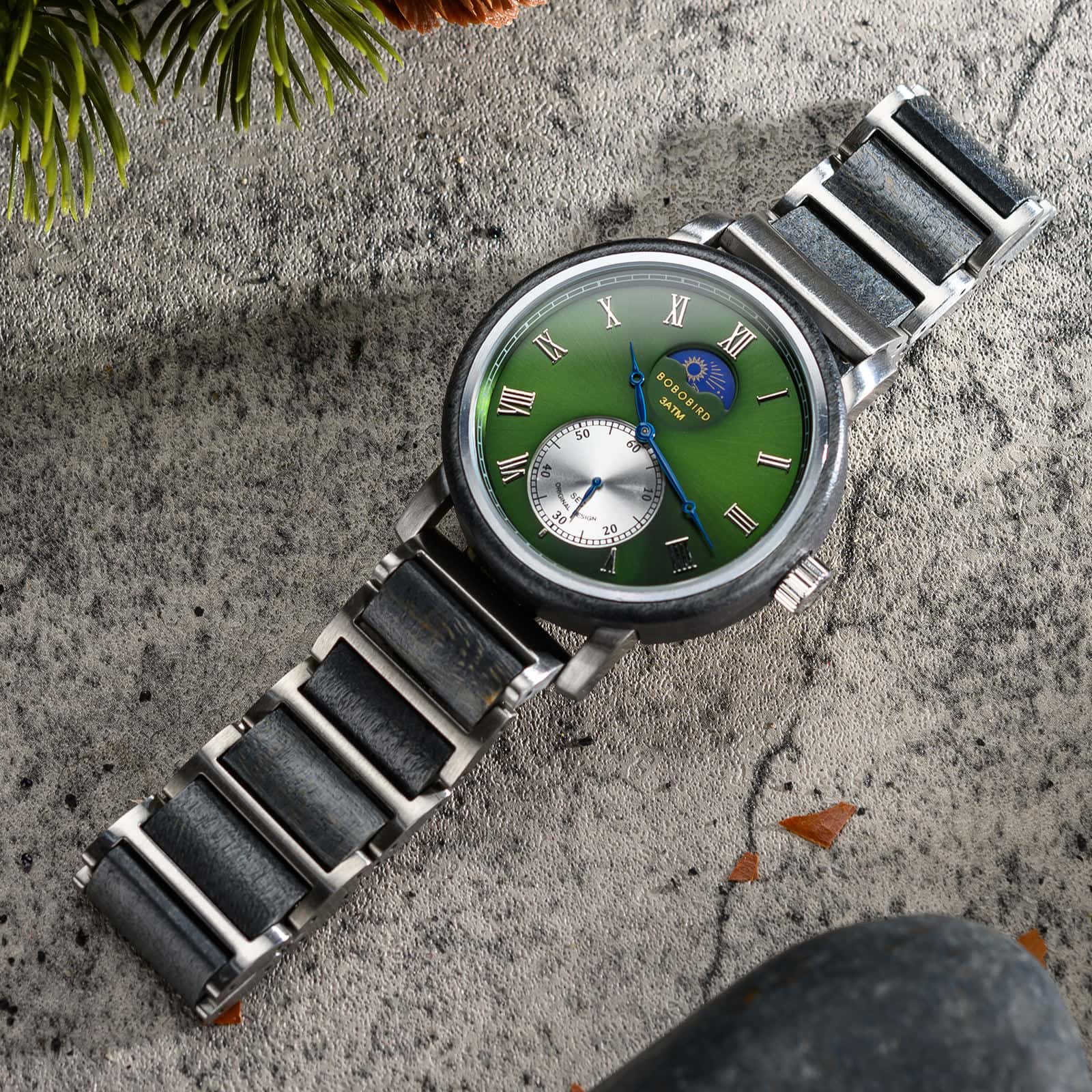 Classic Mens Wood Watch Moonphase Grey Green 18