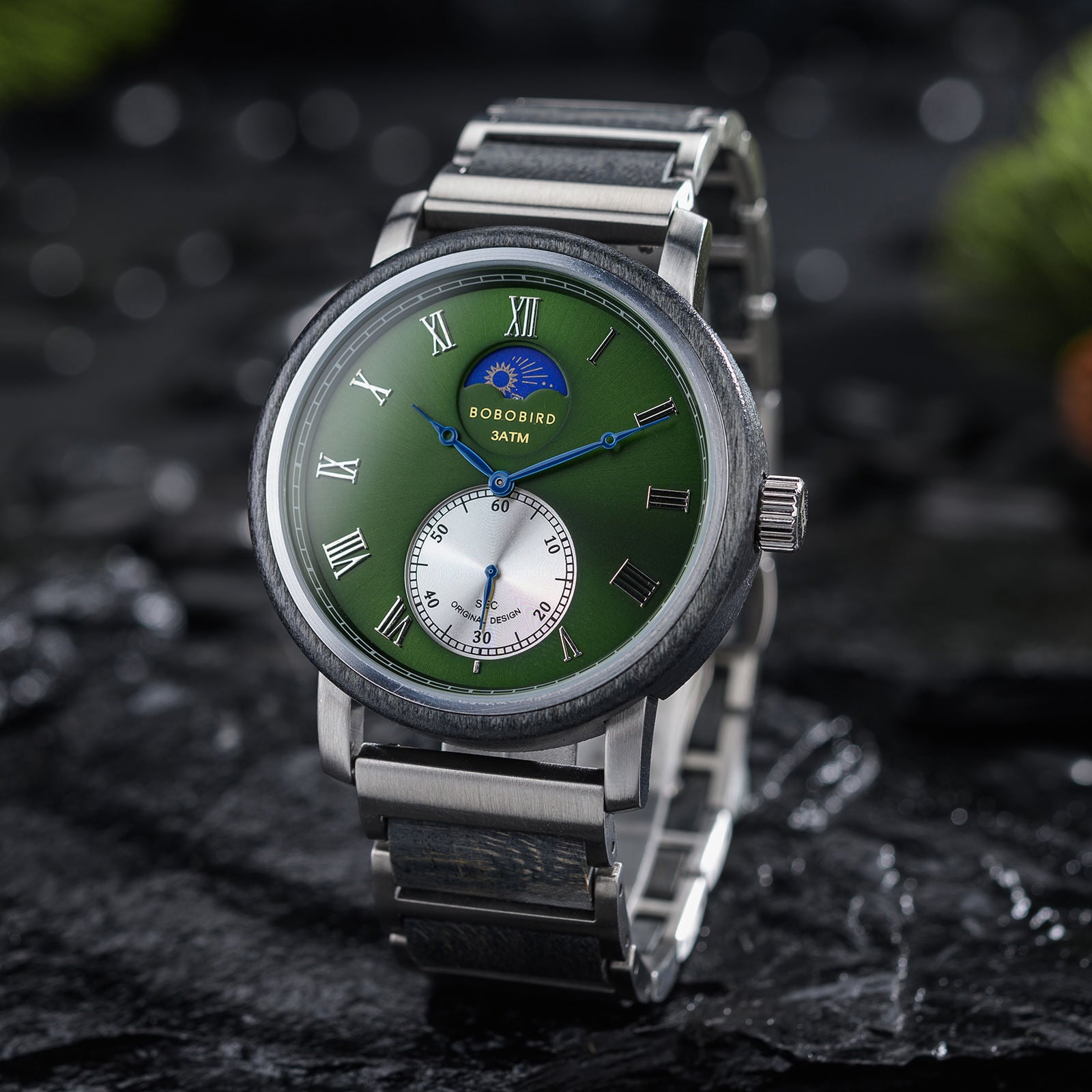 Bobo Bird Classic Mens Wood Watch Moonphase Grey Green GT122