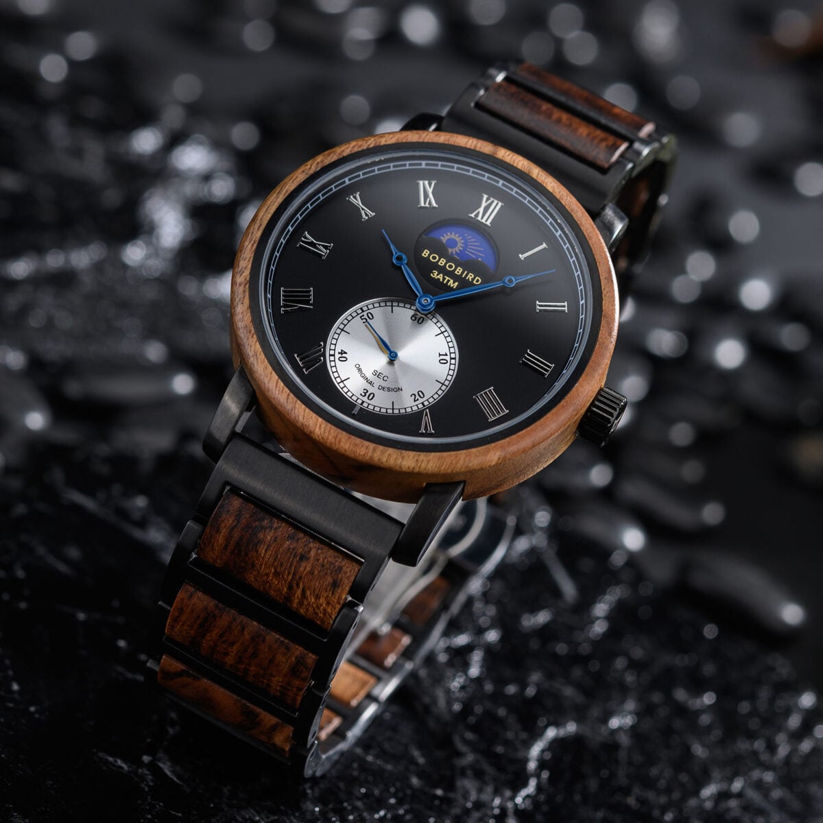 Classic Mens Wood Watch Moonphase Tigerwood Black _10 Classic Mens Wood Watch Moonphase Tigerwood Black _10