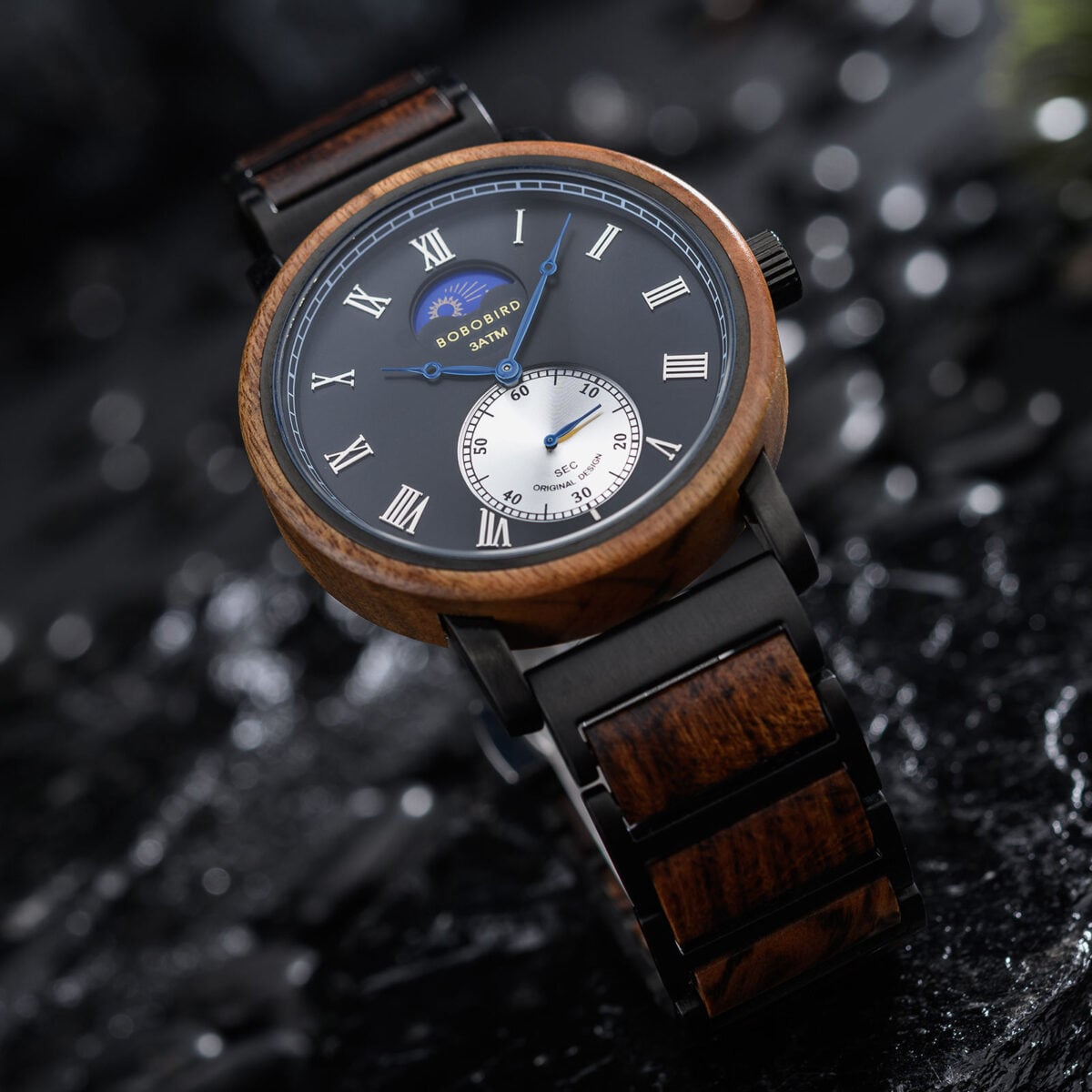 Classic Mens Wood Watch Moonphase Tigerwood Black _11 Classic Mens Wood Watch Moonphase Tigerwood Black _11
