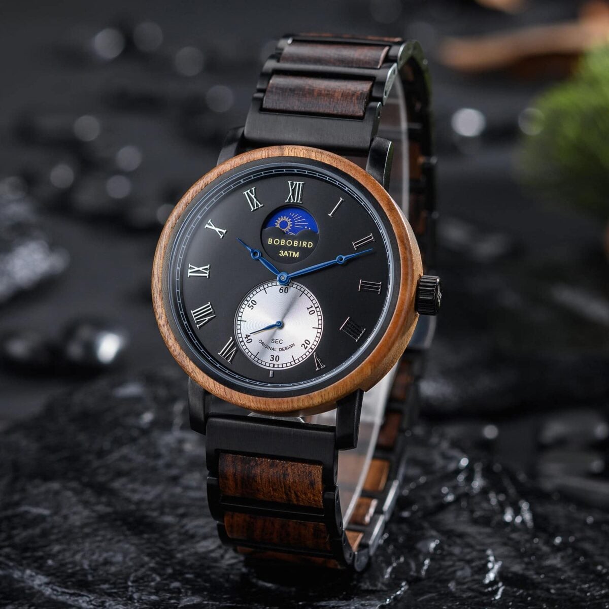 Classic Mens Wood Watch Moonphase Tigerwood Black _7 Classic Mens Wood Watch Moonphase Tigerwood Black _7