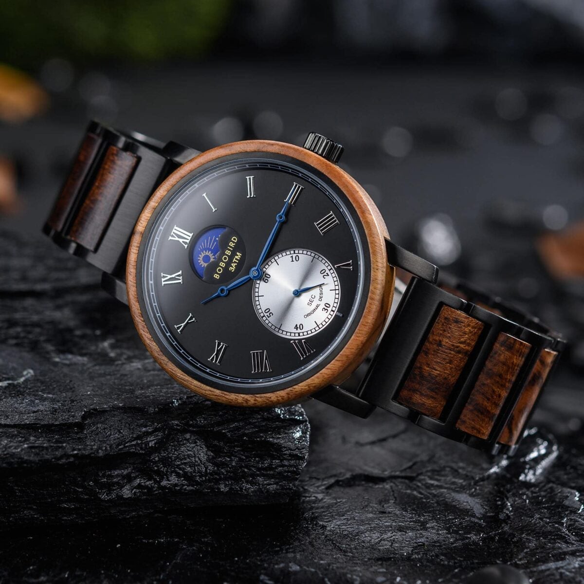 Classic Mens Wood Watch Moonphase Tigerwood Black _8 Classic Mens Wood Watch Moonphase Tigerwood Black _8