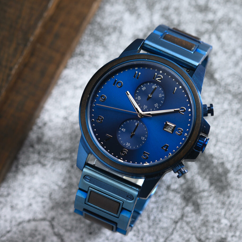 Classic Chronograph Wooden Watch Ebony Wood Blue Limited Edition