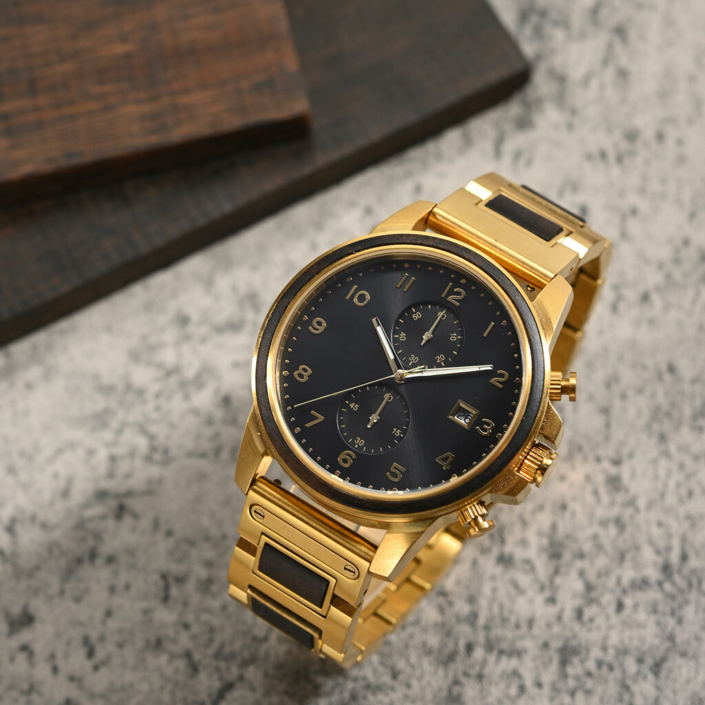 Classic Chronograph Wooden Watch Ebony Wood Gold