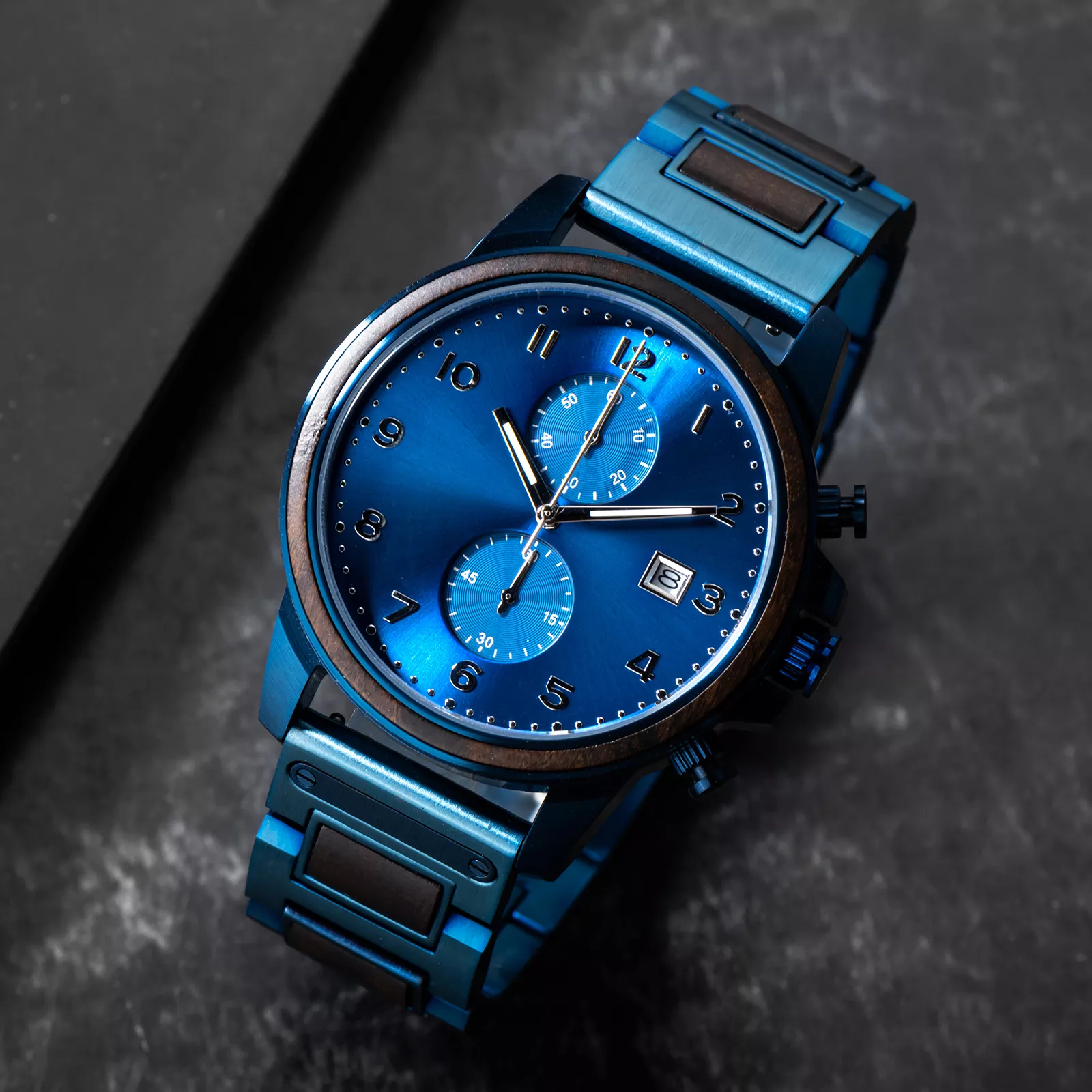 Classic Chronograph Wooden Watch Ebony Wood Blue Limited Edition