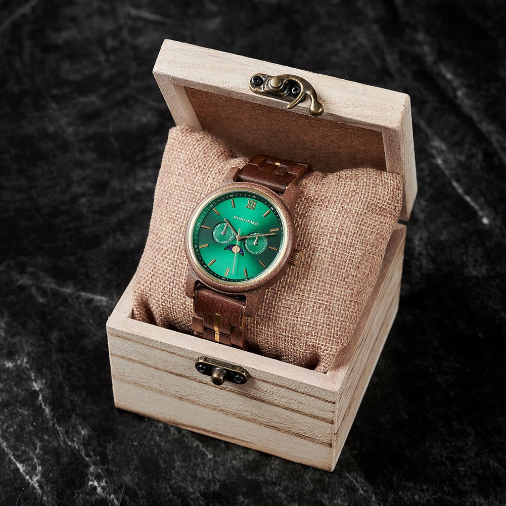 BOBO BIRD Men’s Wooden Watches Classic Japanese Miyota advanced Moonphase Movement Walnut Wood Green Sunburst Dial – Hunter_5 BOBO BIRD Men’s Wooden Watches Classic Japanese Miyota advanced Moonphase Movement Walnut Wood Green Sunburst Dial – Hunter_5