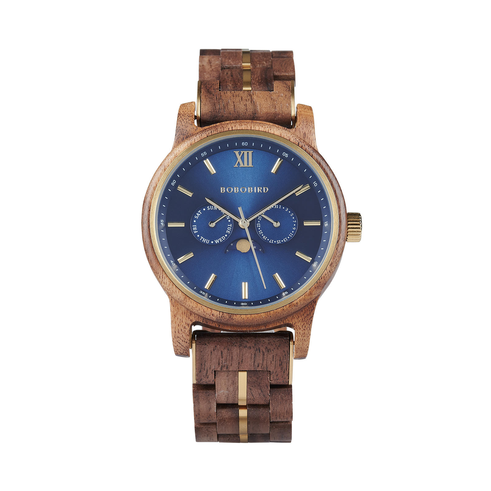 BOBO BIRD Mens Wooden Watches Classic Moonphase Movement Kosso Wood Blue Dial Sailor 12