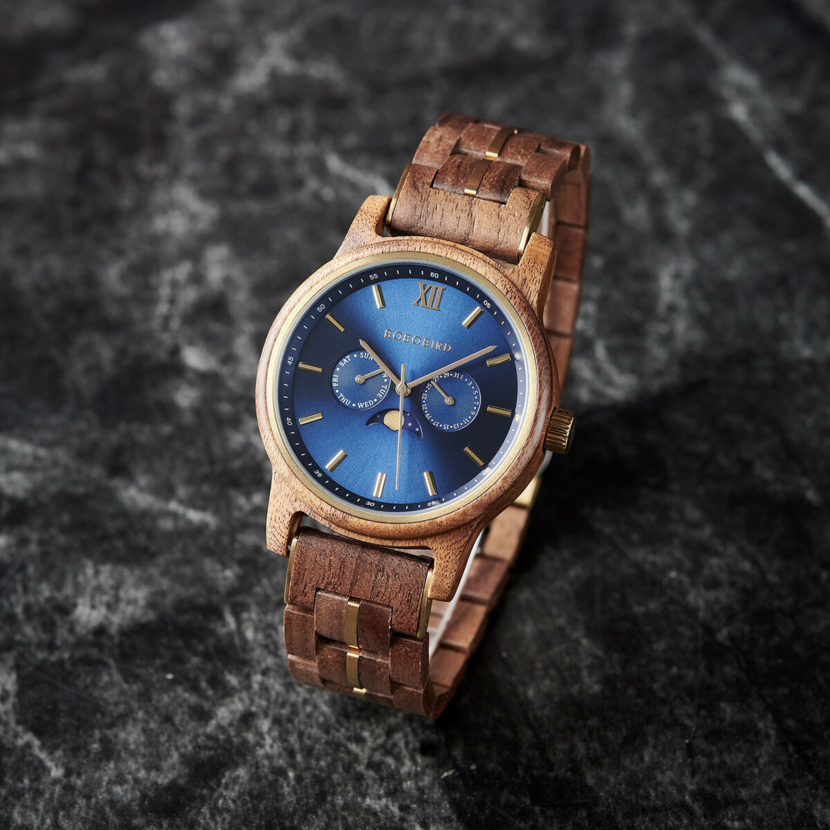 BOBO BIRD Men's Wooden Watches Classic Moonphase Movement Kosso Wood Blue Dial Sailor_2