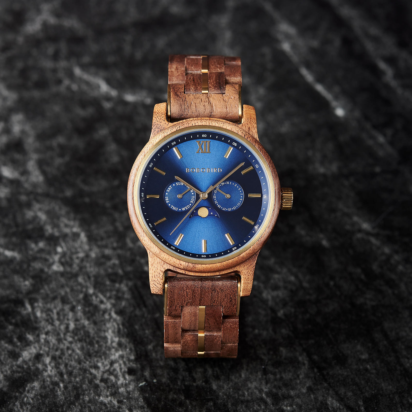 BOBO BIRD Men's Wooden Watches Classic Moonphase Movement Kosso Wood Blue Dial Sailor