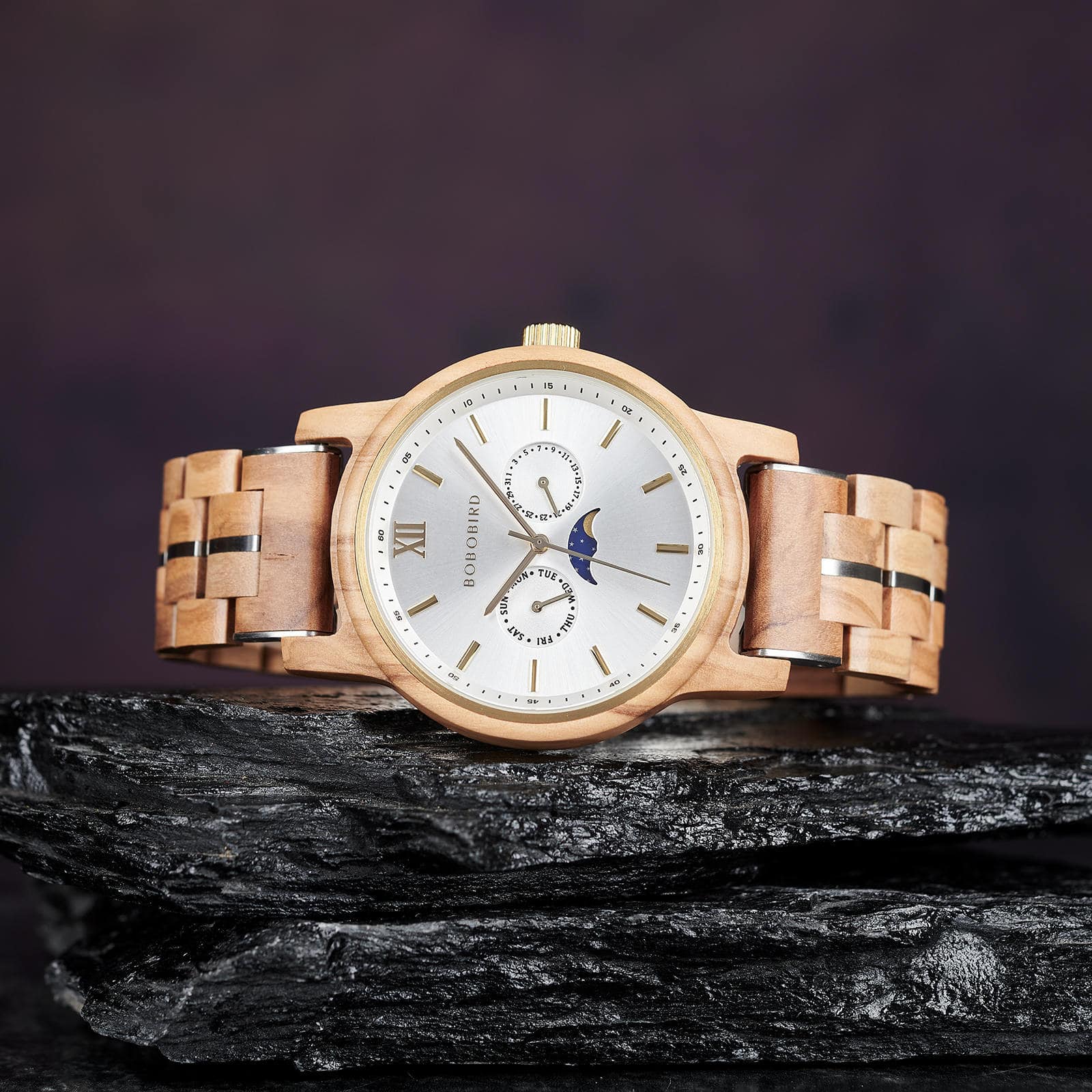 Bobo Bird BOBO BIRD Men’s Wooden Watches Classic Moonphase Movement Olivewood Silver Sunburst Dial - Lumina