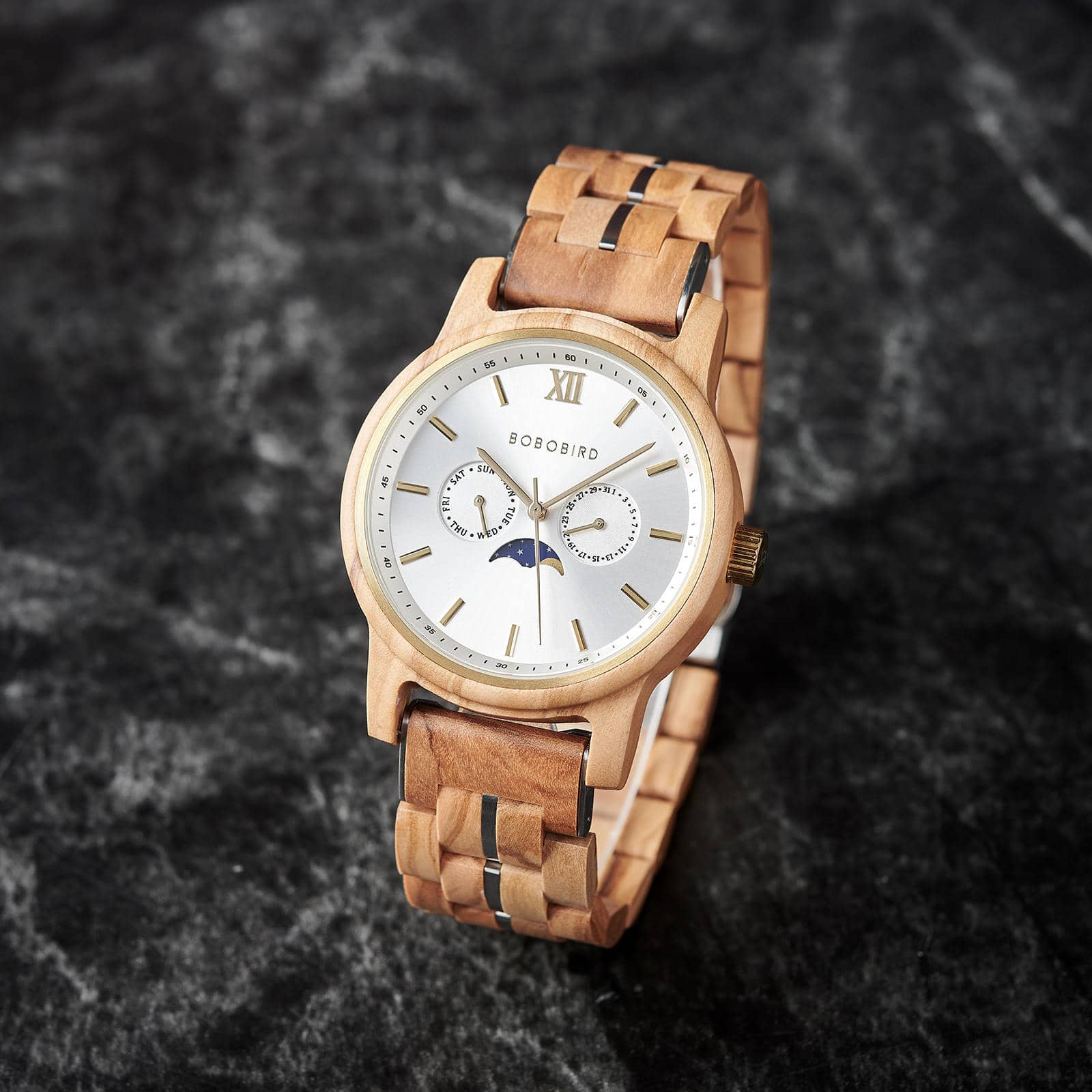 BOBO BIRD Men’s Wooden Watches Classic Moonphase Movement Olivewood Silver Sunburst Dial - Lumina