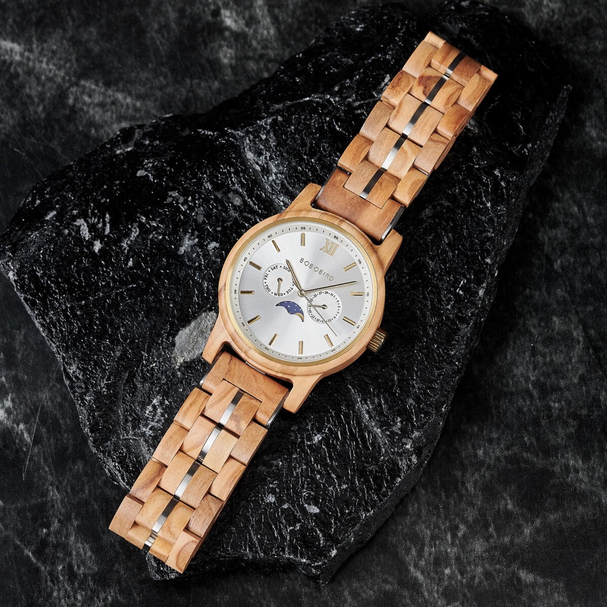 BOBO BIRD Men’s Wooden Watches Classic Moonphase Movement Olivewood Silver Sunburst Dial – Bay_4 BOBO BIRD Men’s Wooden Watches Classic Moonphase Movement Olivewood Silver Sunburst Dial – Bay_4