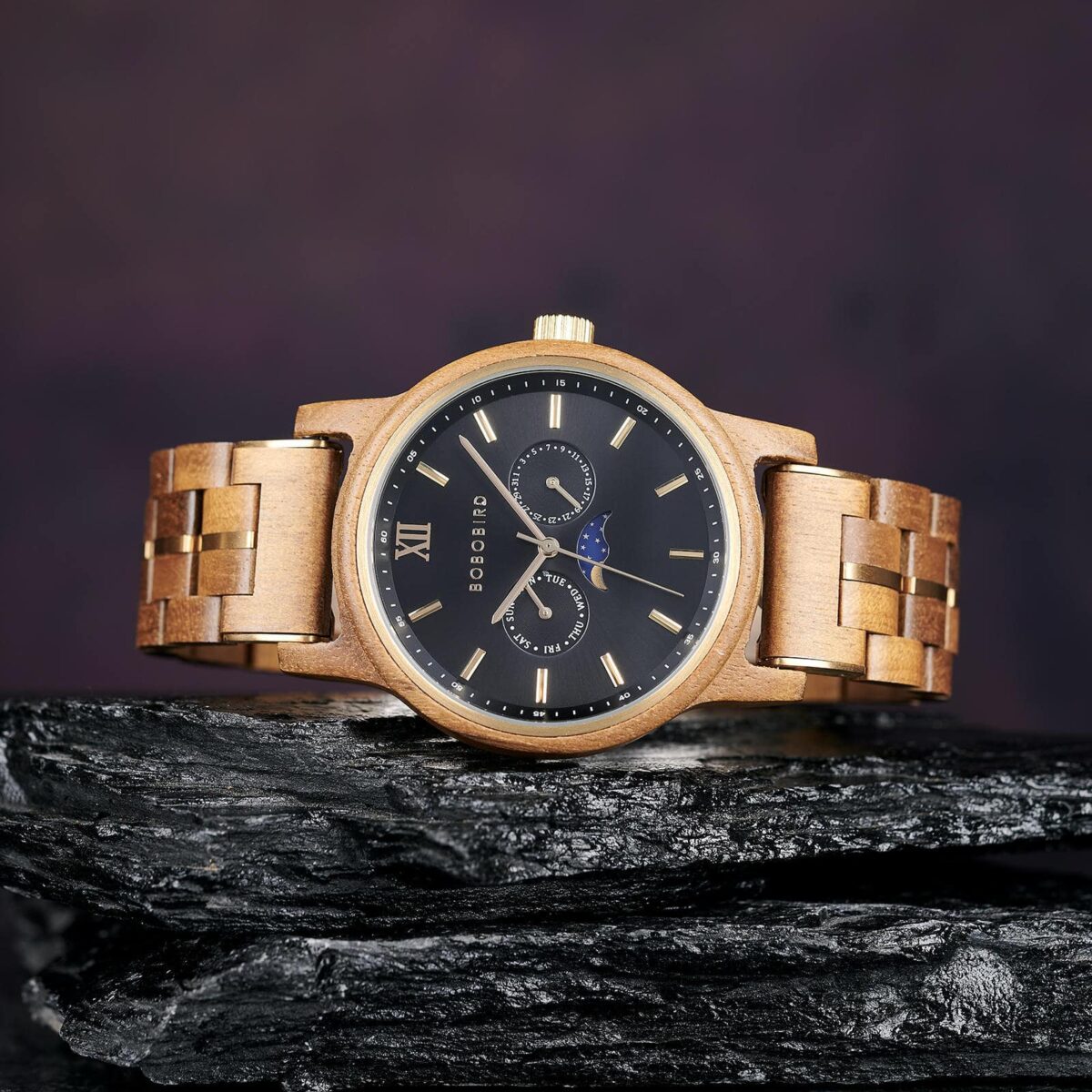 BOBO BIRD Men’s Wooden Watches Classic Moonphase Movement Teak wood Black Sunburst Dial – Maverick_1 BOBO BIRD Men’s Wooden Watches Classic Moonphase Movement Teak wood Black Sunburst Dial – Maverick_1
