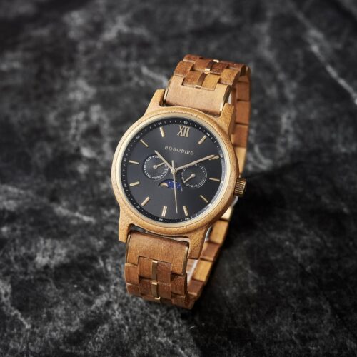 BOBO BIRD Men’s Wooden Watches Classic Moonphase Movement Teak wood Black Sunburst Dial – Maverick_2 Eclipse - Teak wood Black