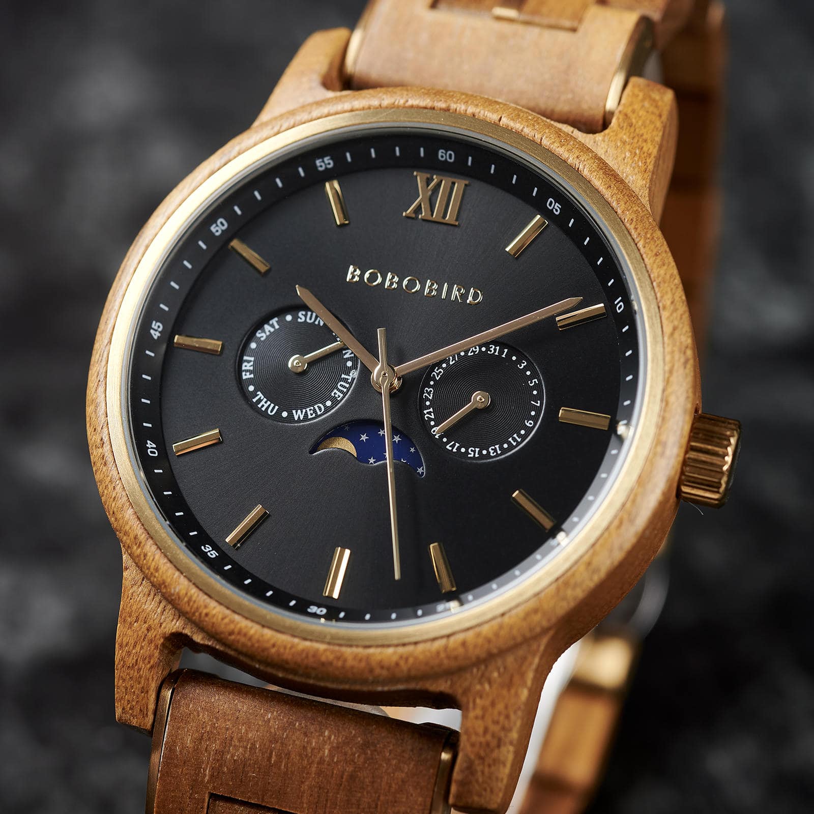 Bobo Bird BOBO BIRD Men’s Wooden Watches Classic Moonphase Movement Teak wood Black Sunburst Dial - Eclipse