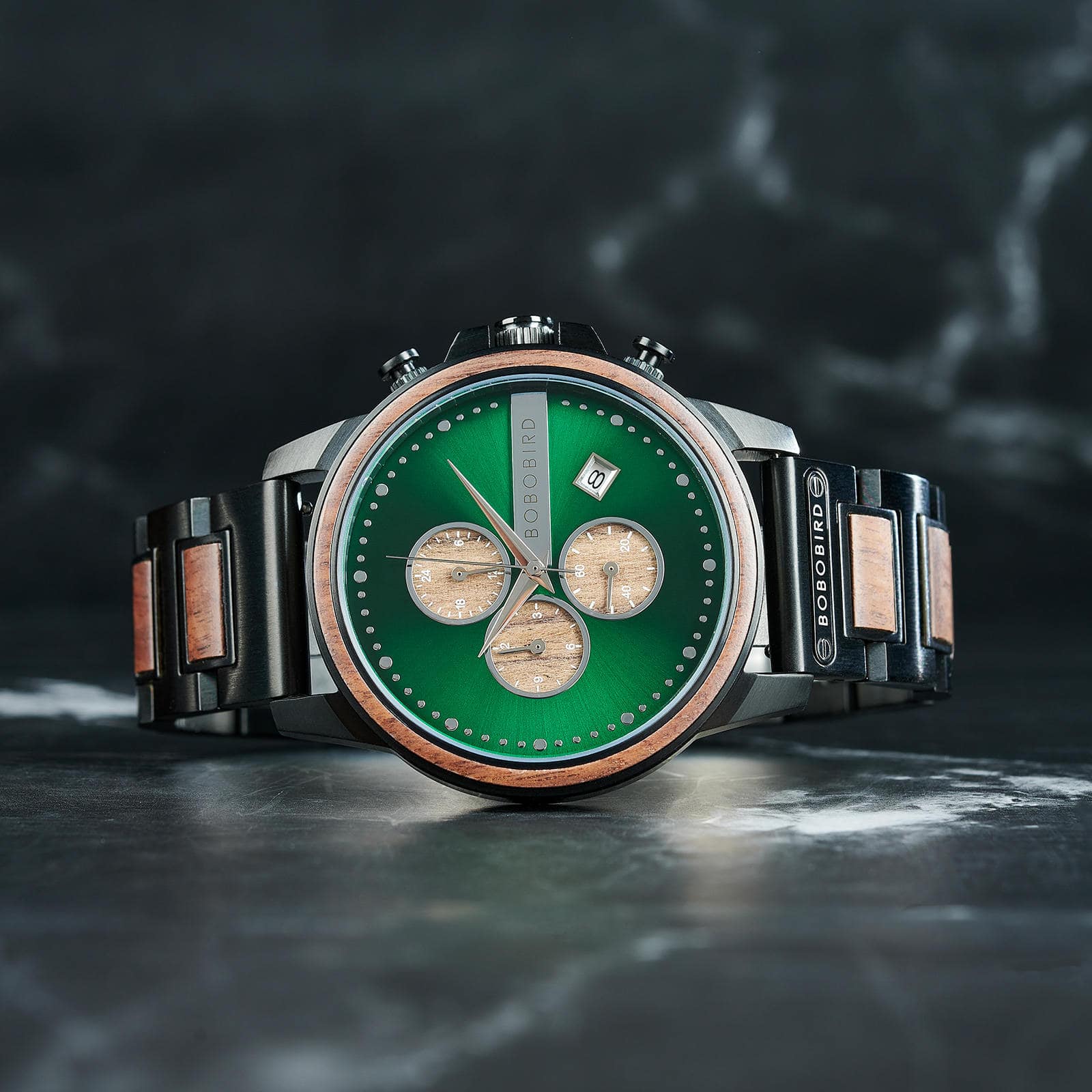 Bobo Bird Classic Dual Time Calendar Walnut Watch Green Dial 45MM - Limited Edition