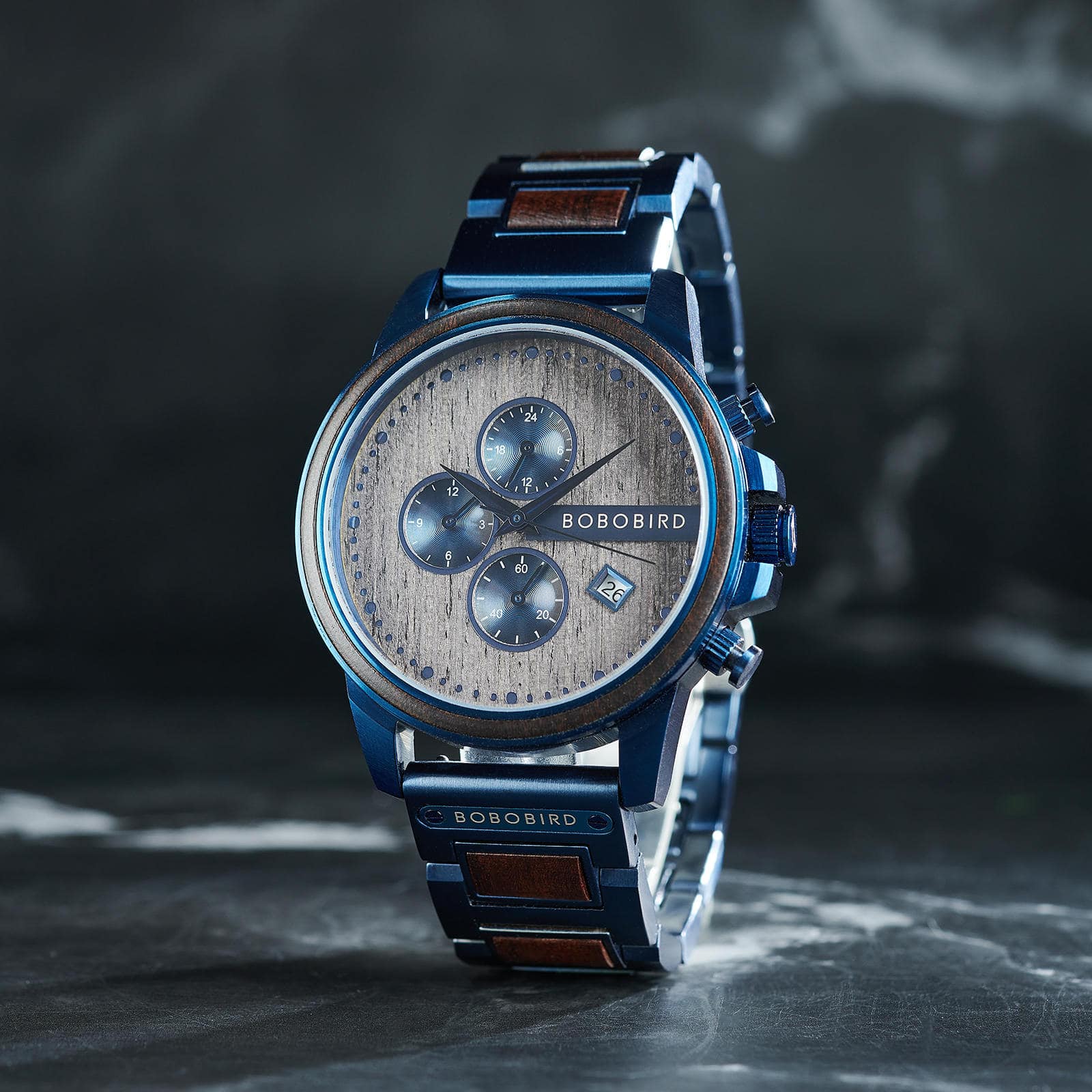 Classic Calendar Chronograph Wood Watch Ebony Dial Blue 45MM Limited Edition 3