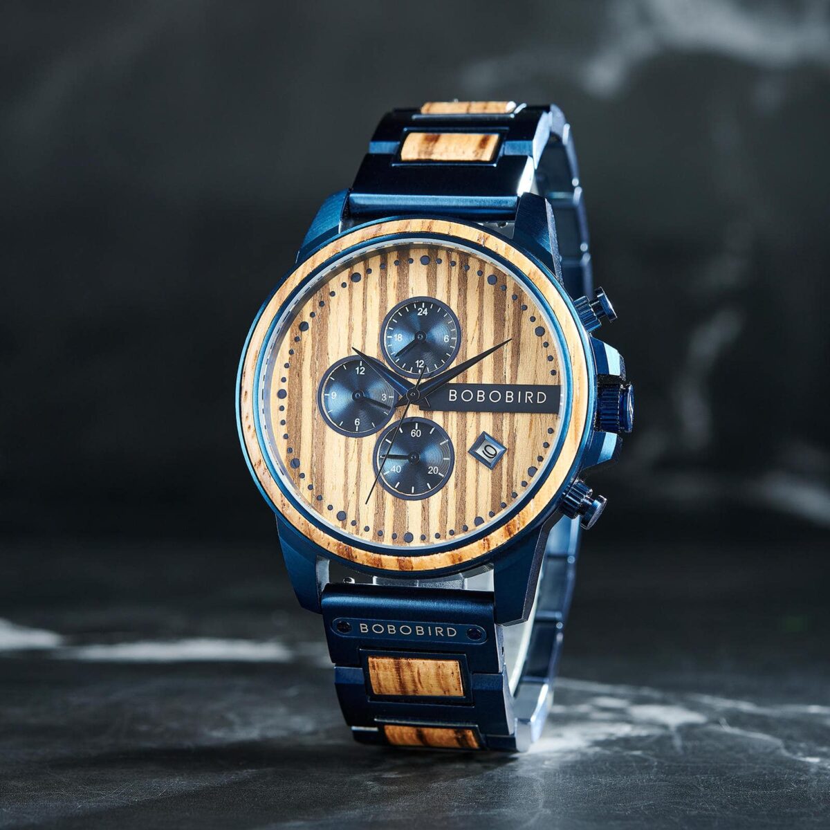 Classic Calendar Chronograph Wood Watch Zebrawood Dial Blue Stainless steel 45MM – Limited Edition (3)