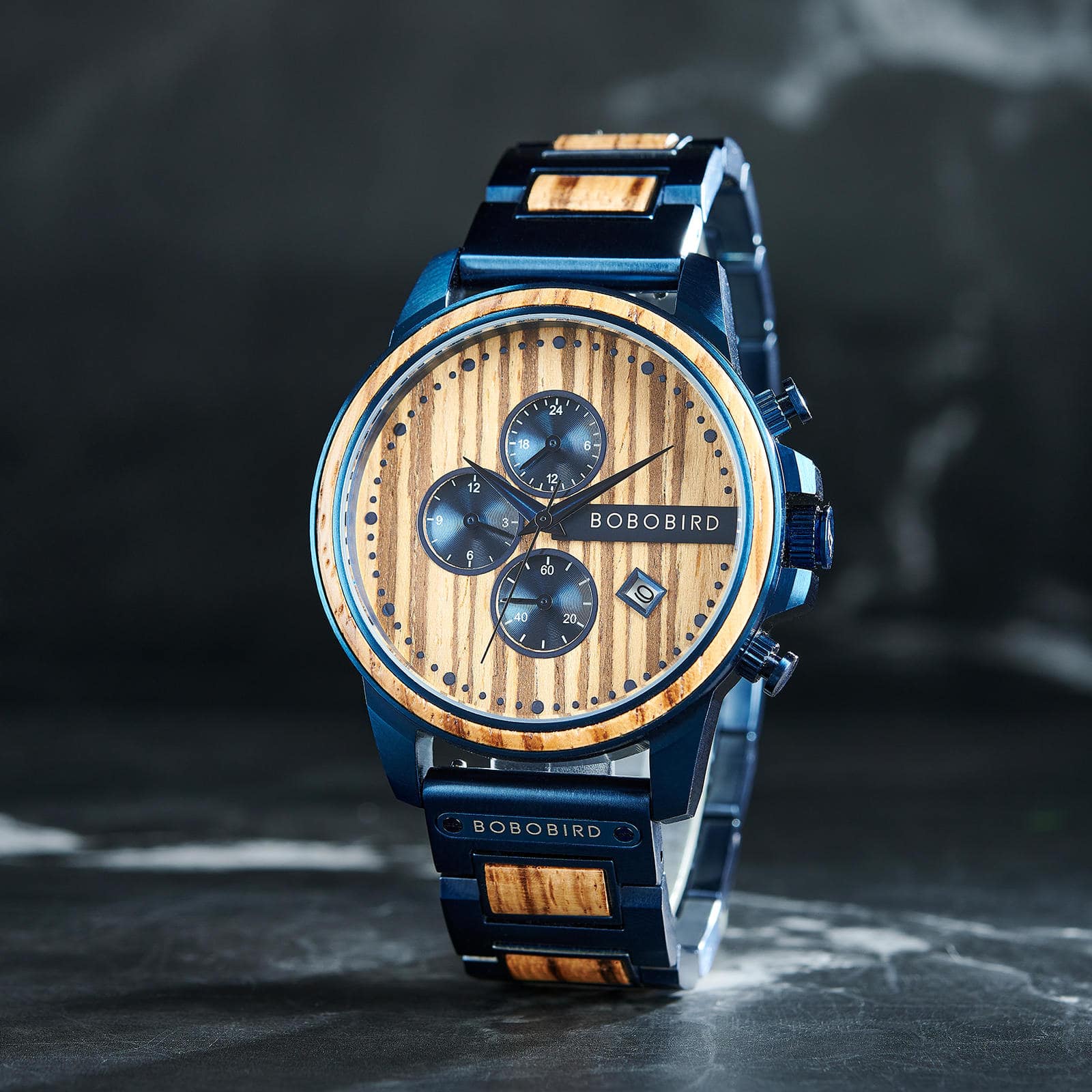 Classic Calendar Chronograph Wood Watch Zebrawood Dial Blue Stainless steel 45MM Limited Edition 3