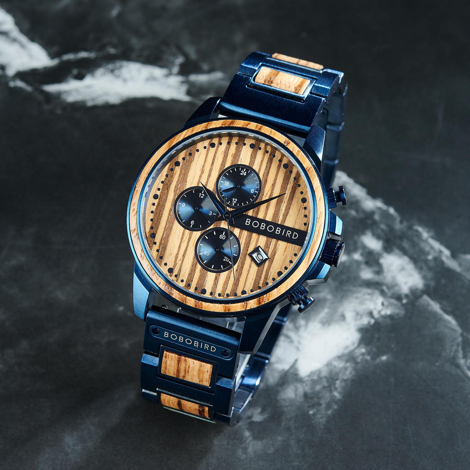 Classic Calendar Chronograph Wood Watch Zebrawood Dial Blue Stainless steel 45MM Limited Edition 5