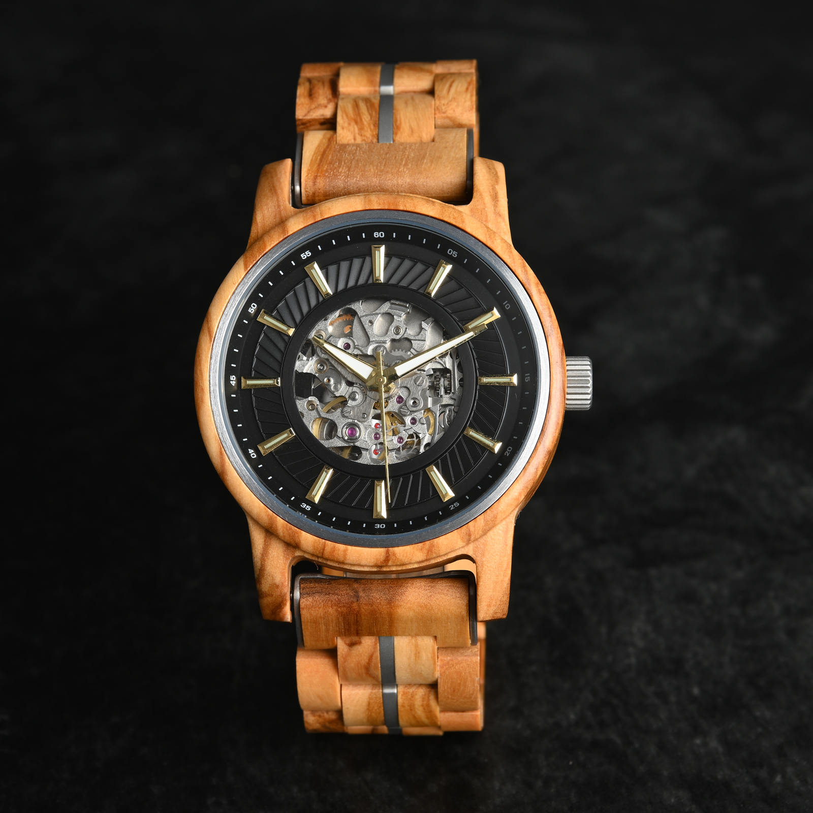 Automatic Mechanical Wooden Watch Handmade Olivewood Black Limited Edition Collection – Pilot 2