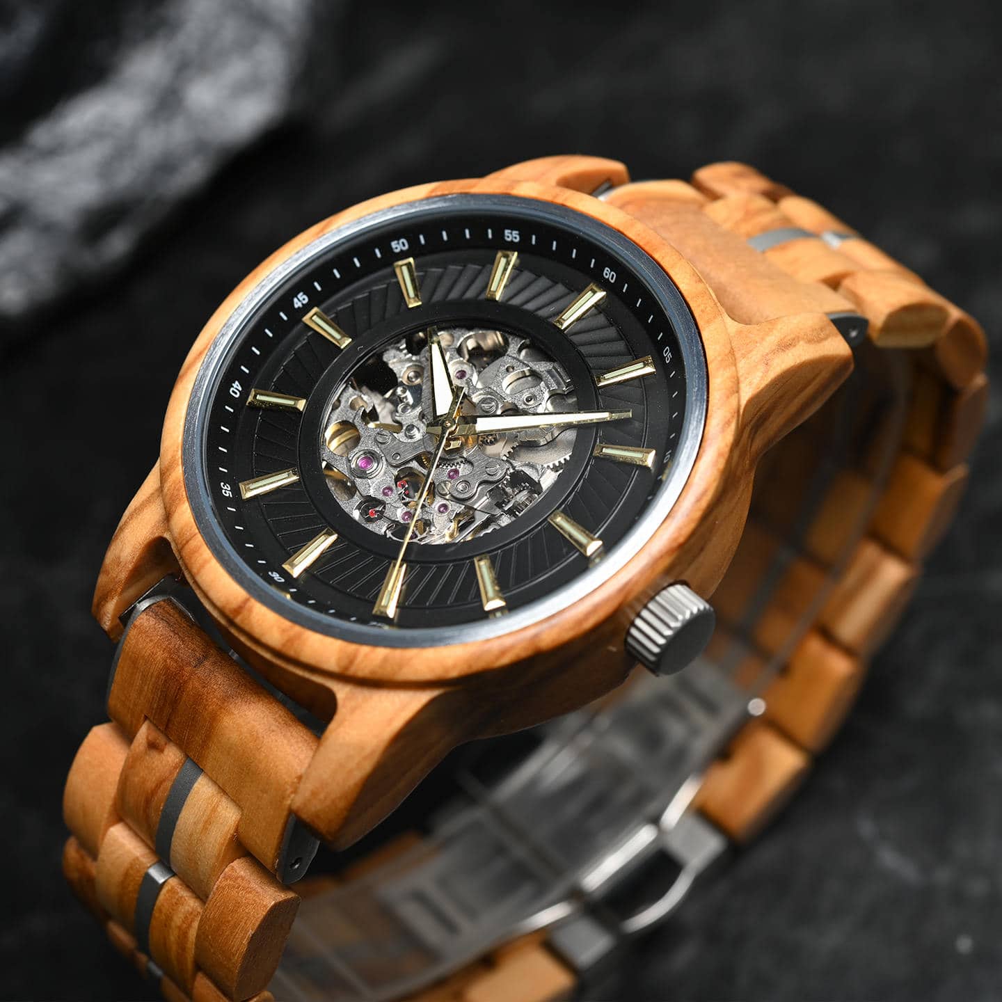 Bobo Bird Automatic Mechanical Wooden Watch Handmade Olivewood Black Limited Edition Collection – Pilot
