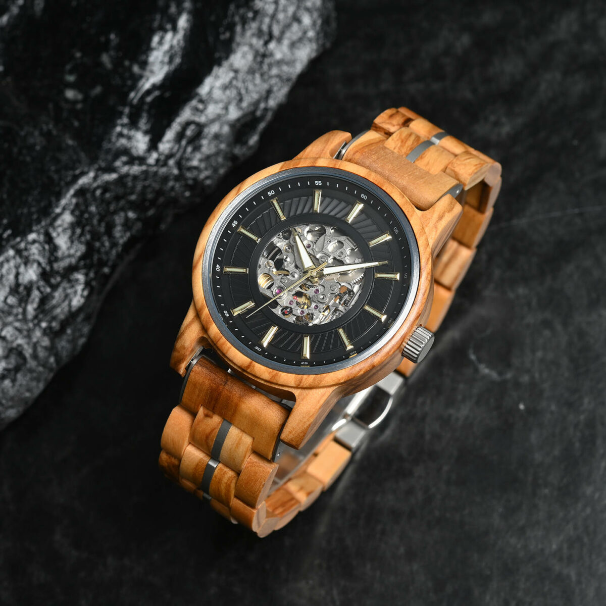 Automatic Mechanical Wooden Watch Handmade Olivewood Black Limited Edition Collection – Pilot (8)
