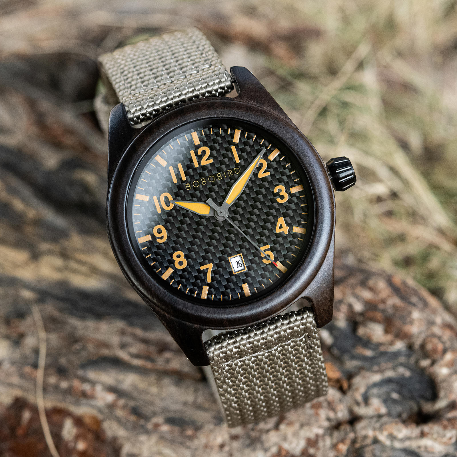 BOBOBIRD Ebony Wood Case Black Nylon Watch GT165-1