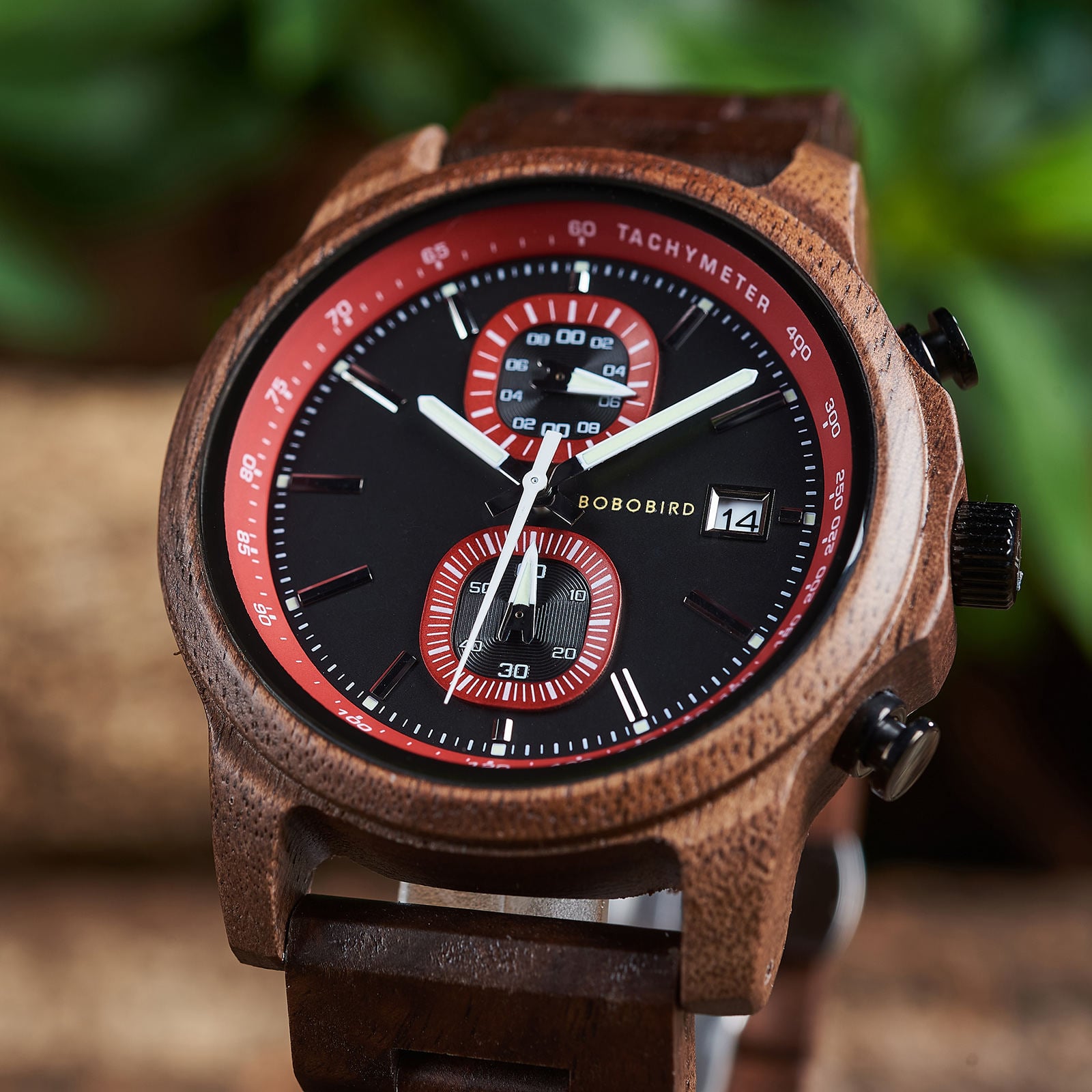 Bobo Bird BOBOBIRD Red Detail Sport Wood Chronograph Watch T159-2