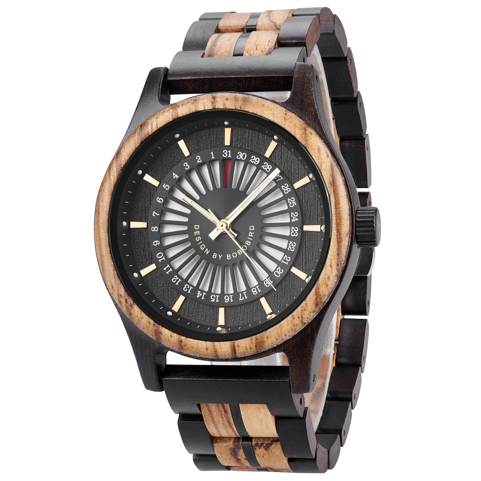 BOBO BIRD Ebony & Zebrawood Watch – Bold Black Dial for Men GT163-1