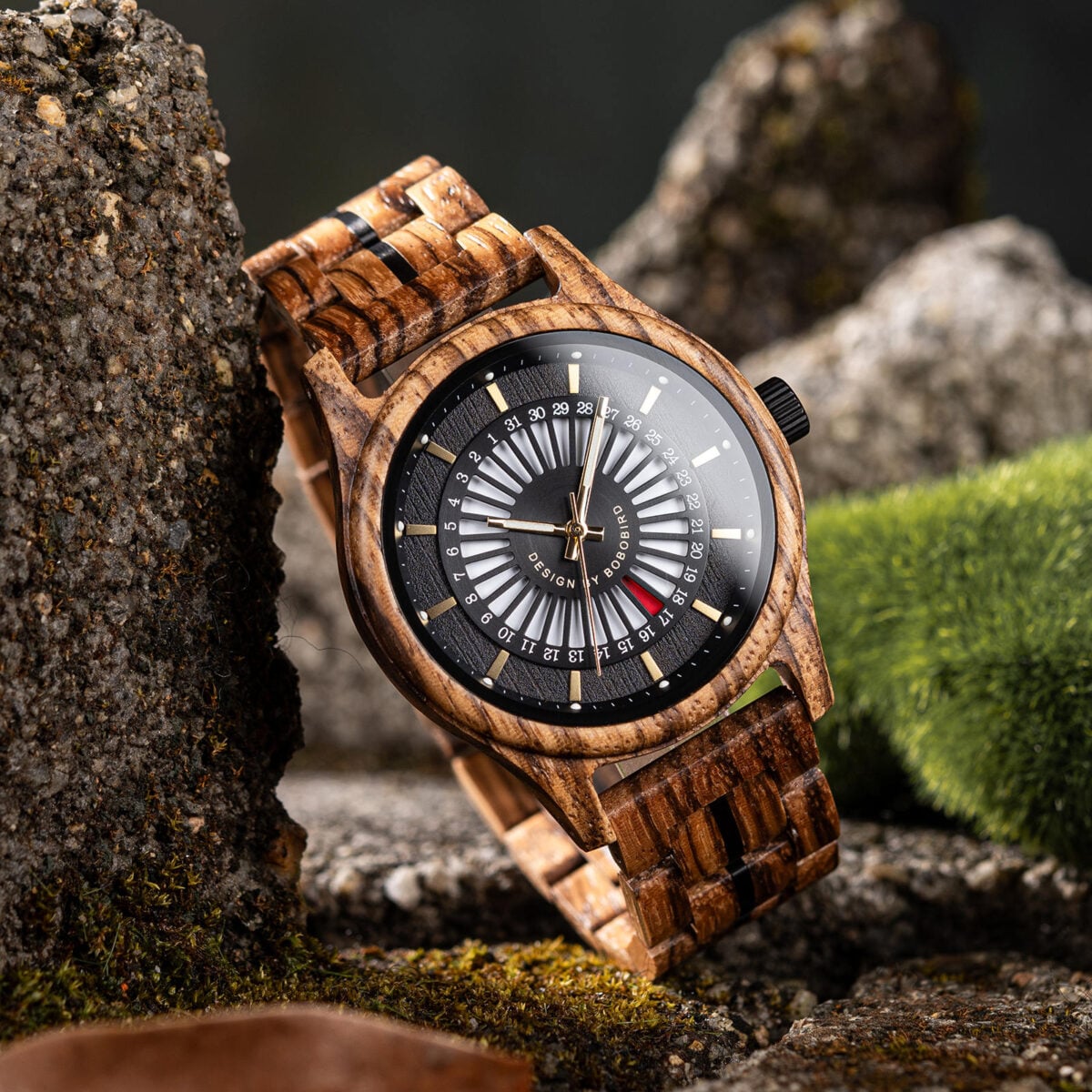 boobooboo腕時計 Classic Calendar Chronograph Wood Watch Zebrawood Dial Blue
