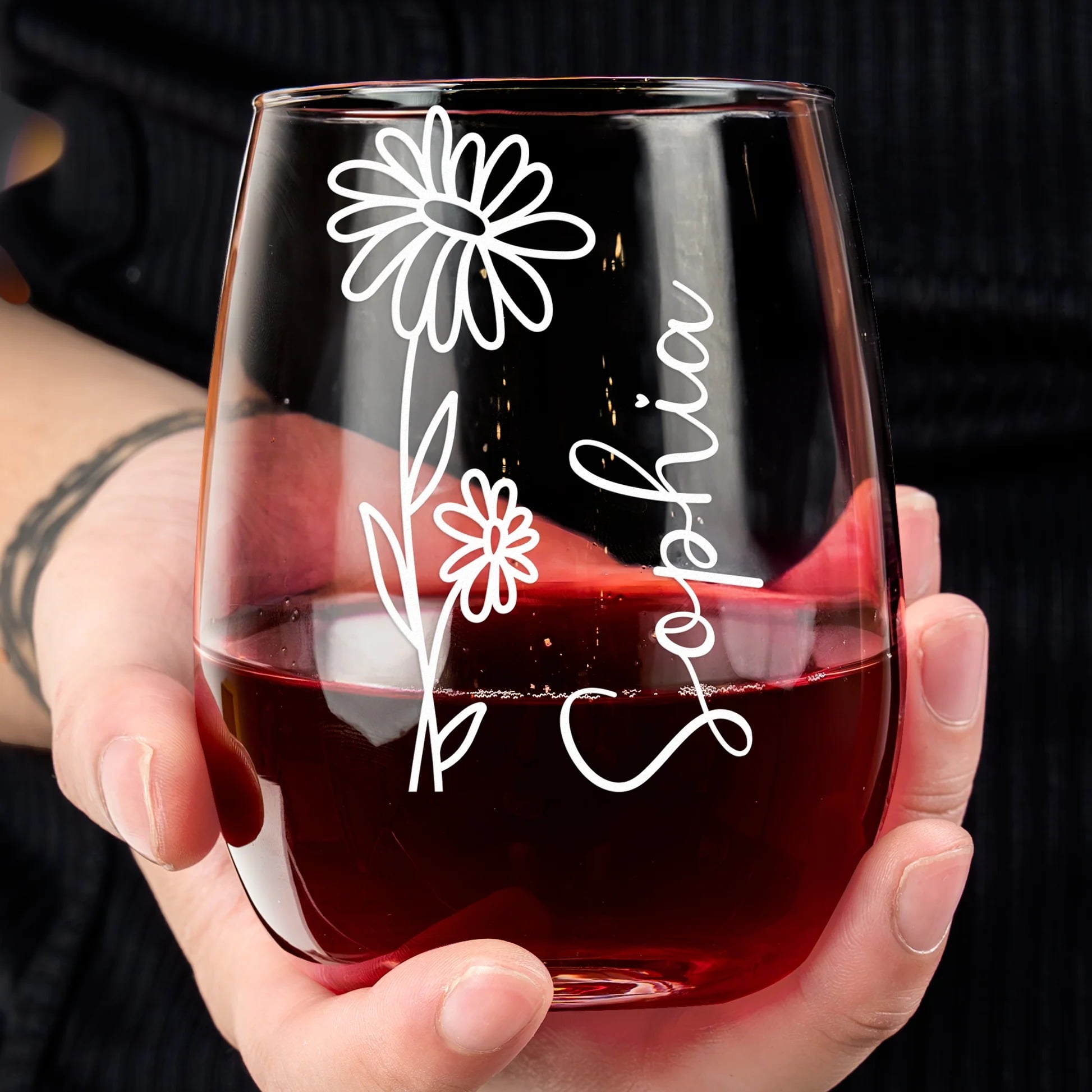 Personalized Stemless Wine Glass – Custom Beautiful Flowers