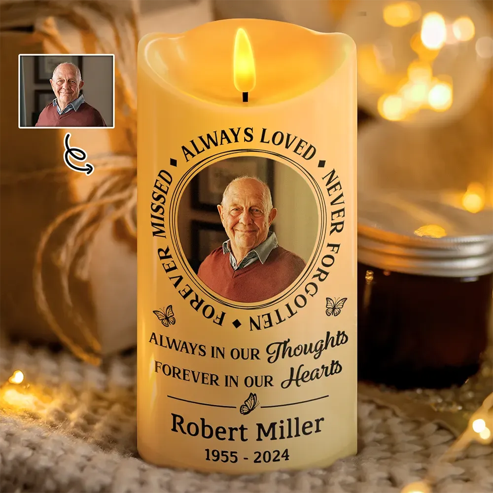 Personalized Flameless LED Candle - Custom Photo Memorial Always Loved Never Forgotten